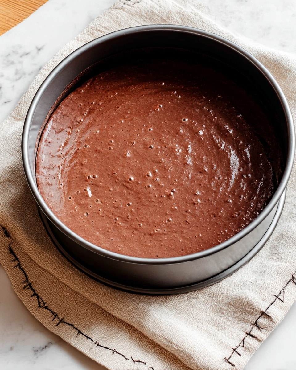 A close-up view of a springform pan filled with smooth, dark brown chocolate cake batter, showing tiny bubbles on the surface and a glossy texture in some areas. The pan sits on a light beige cloth with stitched edges, placed on a white marbled surface. The batter layer is even and thick, filling most of the pan's depth, ready for baking. photo taken with an iphone --ar 4:5 --v 7
