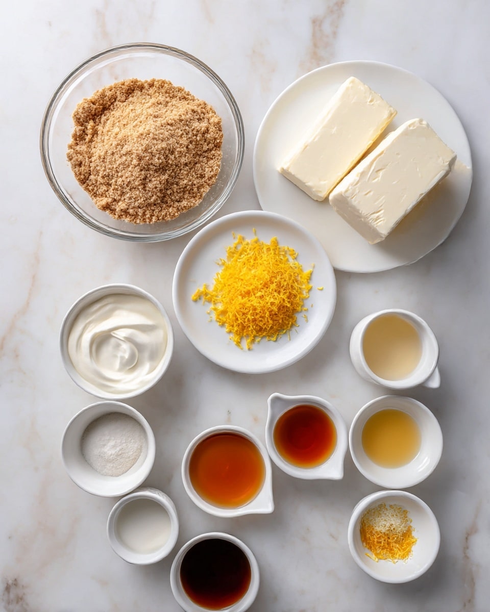 The image shows several small white bowls and plates arranged on a white marbled surface, each holding different ingredients for a recipe. There is a large glass bowl filled with light brown crumbly mixture at the bottom left. Next to it, a small white plate holds a bright yellow pile of grated zest. At the top right, a white plate has two large blocks of creamy white cheese. Surrounding these main items are smaller white bowls and cups: one with thick white cream, one with pale yellow melted butter, one with amber liquid, one with darker brown syrup, another with light brown liquid, and one more white bowl with a small amount of fine yellow zest. The setup is clean and bright, showing all ingredients clearly on the white marbled background photo taken with an iphone --ar 4:5 --v 7