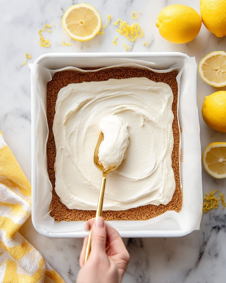 The image shows a white baking tray lined with white parchment paper, filled with a two-layer dessert. The bottom layer is a thick, crumbly, brown crust that covers the entire base of the tray. On top of this is a creamy, smooth white layer being spread evenly with a golden spoon held by a woman's hand. Around the tray on the white marbled surface are three whole bright yellow lemons and one lemon slice, along with some scattered lemon zest. A yellow and white striped cloth is partially visible at the bottom left corner. Photo taken with an iphone --ar 4:5 --v 7