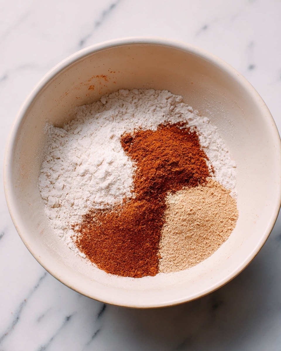 A white bowl with a mix of dry ingredients sits on a white marbled surface. Inside the bowl, there are three main layers: a base layer of white flour with a soft powdery texture, a middle layer of reddish-brown powder which looks like cinnamon or a similar spice, and a smaller patch of light brown powder on one side. The ingredients form small hills and valleys, showing their loose and fine texture. Photo taken with an iphone --ar 4:5 --v 7