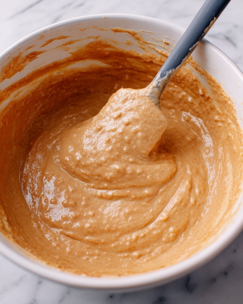 A close-up view of a white bowl filled with thick, light brown batter. The batter has a slightly rough texture with small lumps visible throughout. A dark-colored spatula is partially dipped into the batter, lifting some of it, showing its smooth and creamy consistency. The sides of the bowl have some batter stuck to them, and the bowl sits on a white marbled surface. photo taken with an iphone --ar 4:5 --v 7