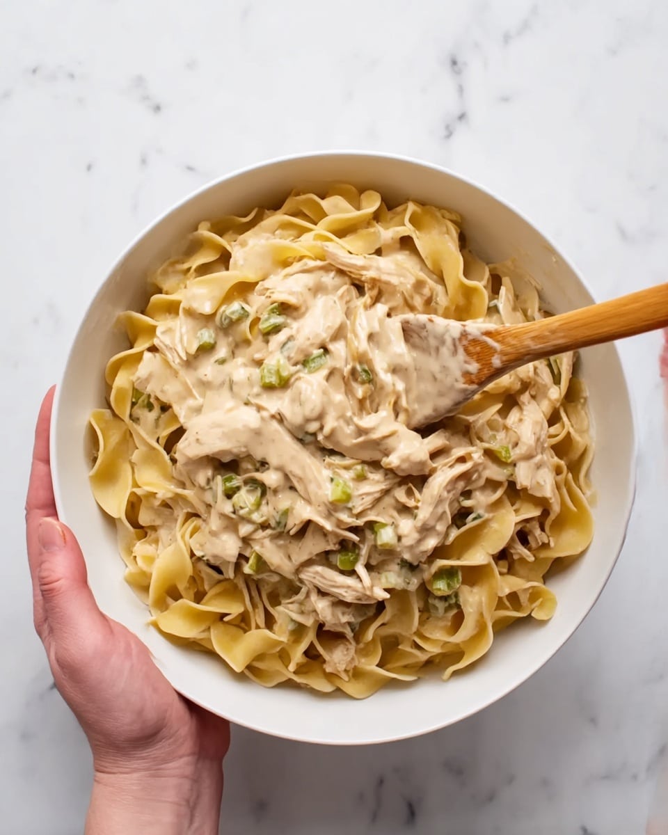 A white bowl filled with wide, curly egg noodles layered at the bottom, topped with a creamy, light beige sauce mixed with small pieces of shredded pale chicken and bits of light green vegetable, all mixed together. A woman's left hand holds the bowl steady from the left side, while a woman's right hand uses a wooden spoon covered in the creamy sauce to stir the mixture from the right side. The bowl sits on a white marbled surface. photo taken with an iphone --ar 4:5 --v 7