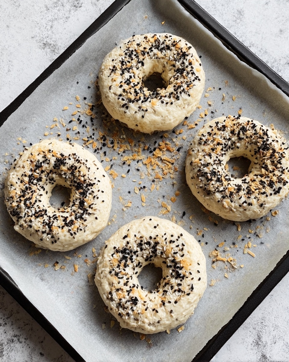 Four raw bagels are arranged on a baking tray lined with parchment paper, each bagel having a rough, uneven surface. They are topped with a mix of black and white sesame seeds, and crushed dried onion flakes, scattered generously on top and around the tray. The dough is pale and slightly textured, showing soft bumps and creases. The baking tray's edges are visible, set against a white marbled texture background. photo taken with an iphone --ar 4:5 --v 7