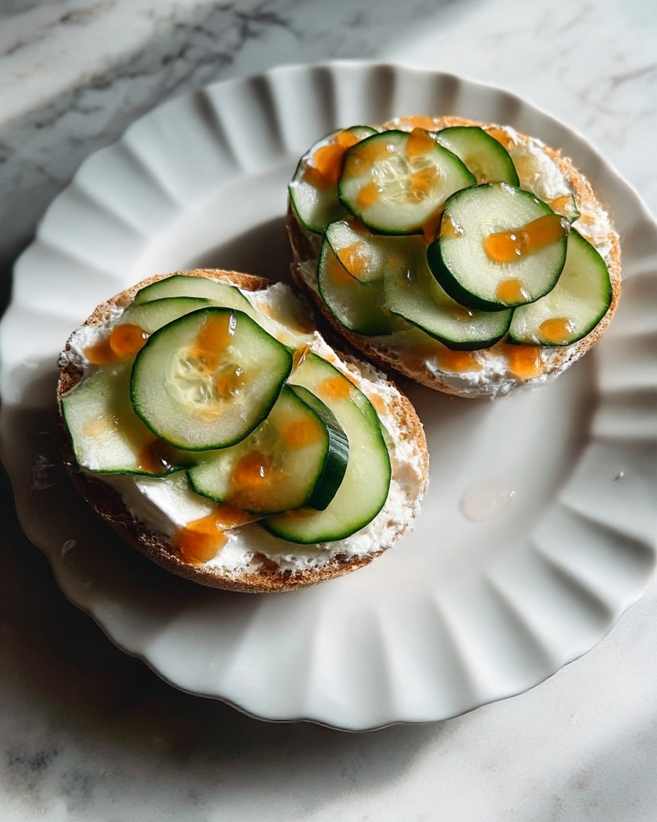A white, scalloped plate holds two toasted, round English muffins as the base layer, each spread thickly with a creamy white layer of cream cheese. On top, thin, translucent slices of light green cucumber with dark green edges are neatly laid out, covering the cream cheese. Drizzled over the cucumber are small drops of an amber-orange sauce, adding a glossy texture. The whole scene rests on a white marbled surface, with natural light highlighting the textures and colors. photo taken with an iphone --ar 4:5 --v 7