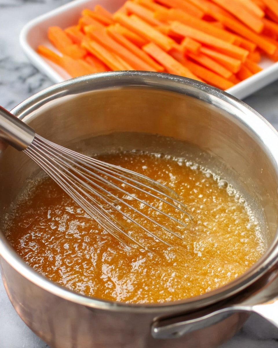 A close-up view of a metal pot containing a bubbling, golden caramel-like liquid being stirred with a silver whisk. In the background, there is a white tray filled with bright orange carrot sticks on a white marbled surface. The pot is centered in the image, showing the texture of the thick, bubbling mixture inside clearly. Photo taken with an iphone --ar 4:5 --v 7