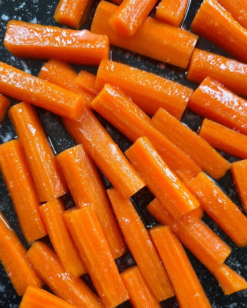 The image shows many bright orange carrot sticks placed closely on a black tray. The carrot sticks are shiny and coated with oil, showing a slightly wet texture. They are all cut into similar rectangular shapes, with the pieces lying flat and spread evenly across the tray. The background looks like a white marbled texture. photo taken with an iphone --ar 4:5 --v 7