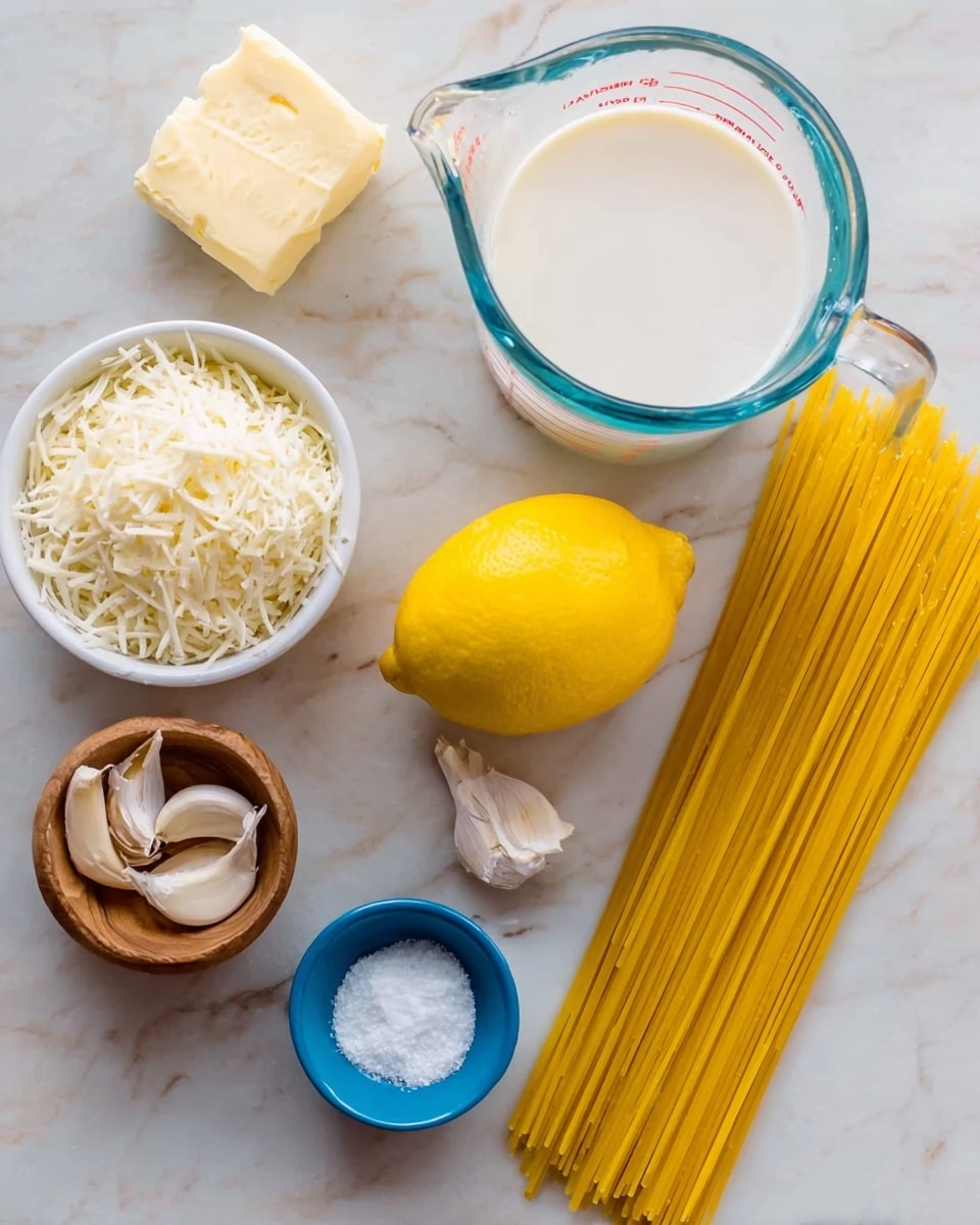 The image shows ingredients neatly arranged on a white marbled surface: a clear glass measuring cup filled with white cream in the top right, a whole bright yellow lemon in the center, uncooked long yellow spaghetti pasta on the right side, a small white bowl holding a block of pale butter in the top left, a white bowl filled with shredded white cheese below the butter, two garlic cloves and a small wooden bowl with white salt below the lemon, and a small blue bowl containing fine white powder near the lemon. The items are spaced out clearly with a simple and clean background. Photo taken with an iphone --ar 4:5 --v 7
