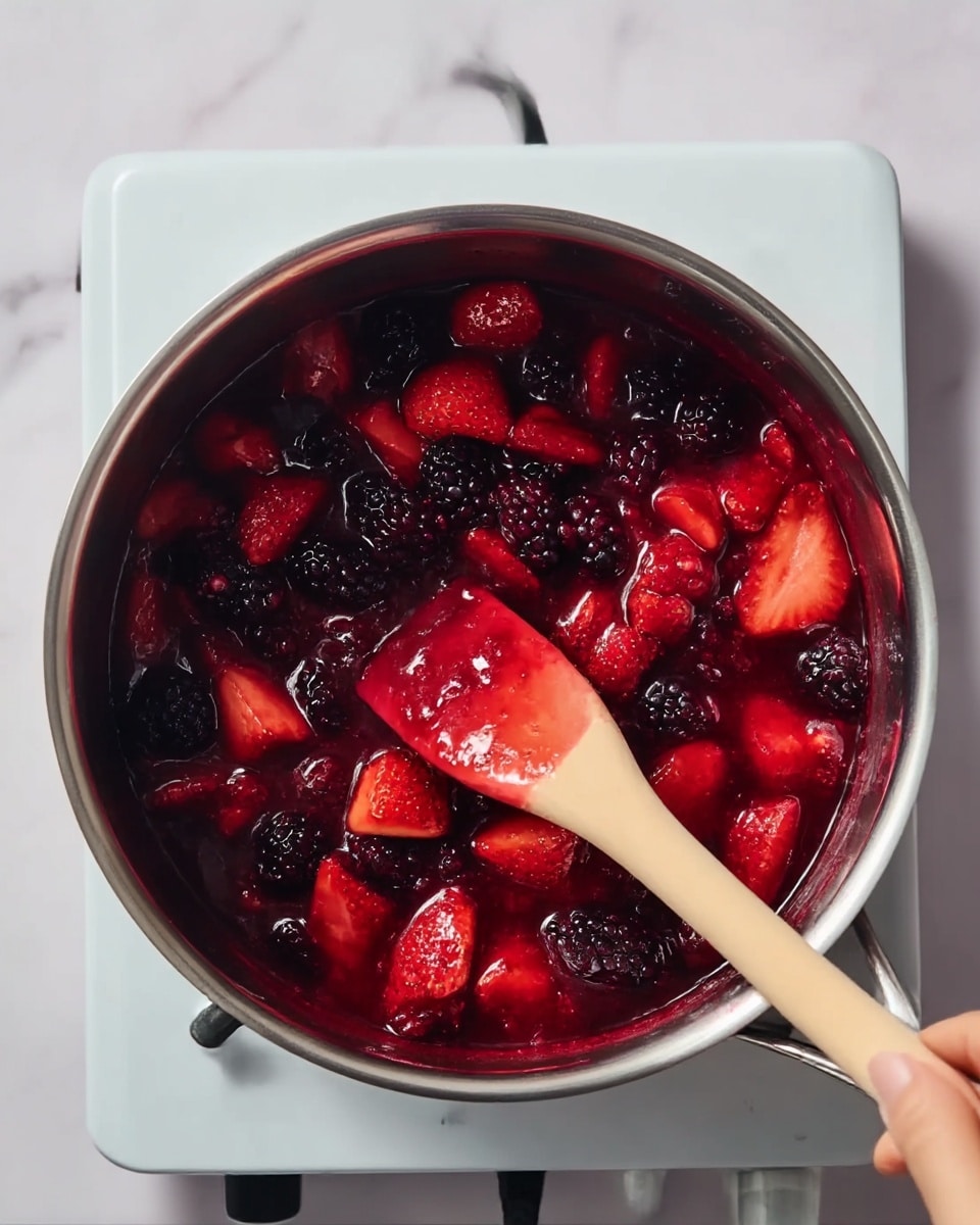 The image shows a close-up top view of a shiny metal pot filled with a bright red and deep purple berry mixture of strawberries and blackberries simmering in thick juice. A woman's hand is holding a light brown silicone spatula with some berry juice on it, stirring the fruit. The pot is on a white electric burner, placed on a white marbled surface that softly reflects light. The berries are whole and unevenly cut, with juicy textures and glossy colors, floating in the rich syrup. Photo taken with an iphone --ar 4:5 --v 7