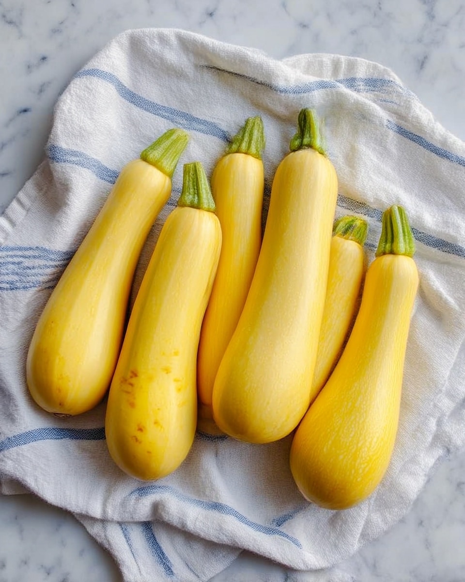 Five yellow squash with green stems lie side by side on a white and blue striped cloth, placed on a white marbled surface. The squash vary slightly in size and shape, showing smooth yellow skin with some natural marks and spots. The cloth underneath is softly wrinkled and spread loosely, creating a casual, natural setting. photo taken with an iphone --ar 4:5 --v 7