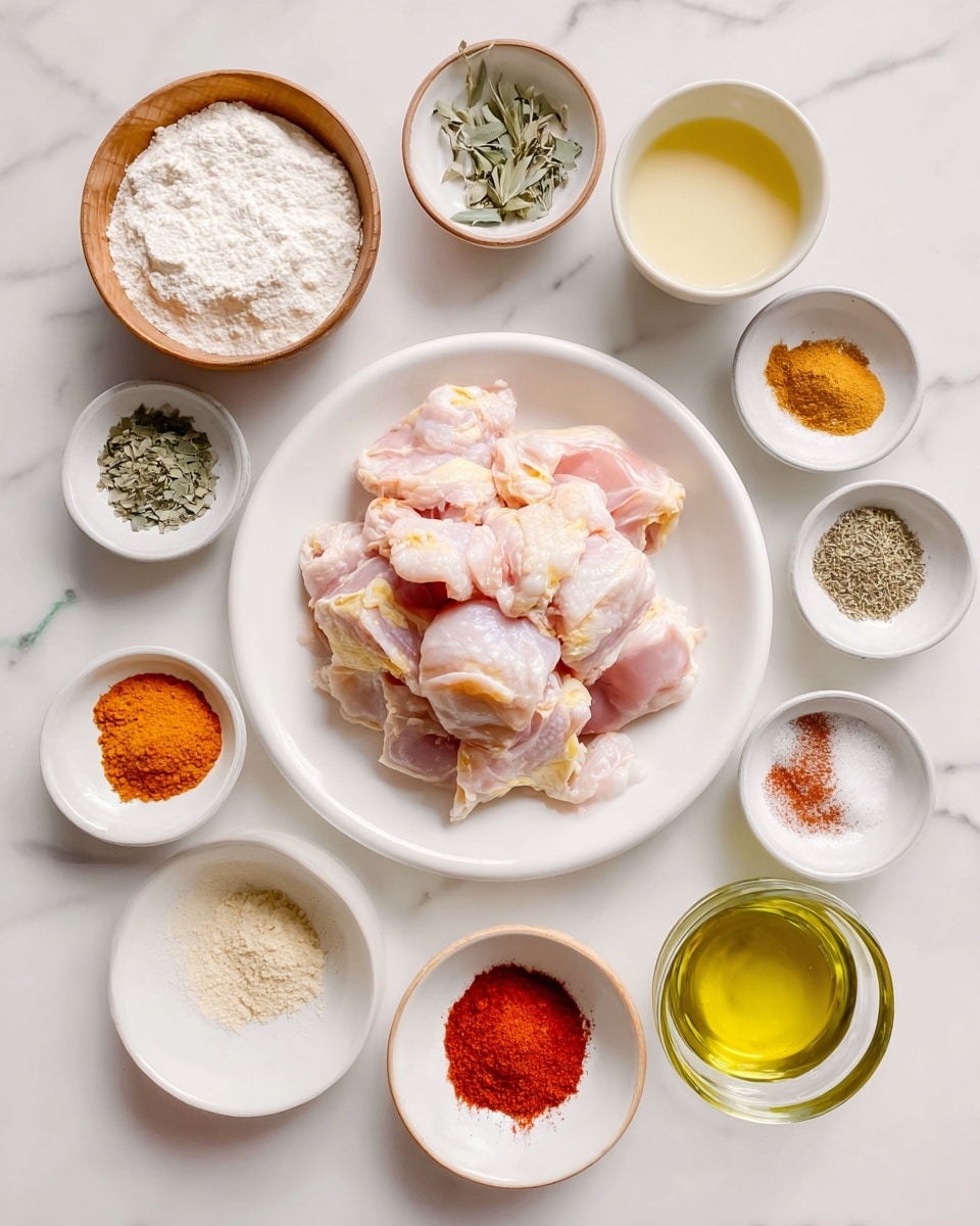 The image shows a white round plate in the center with raw chicken pieces stacked in layers, pale pink with some yellow fat visible. Around the plate, several small white bowls and wooden bowls hold ingredients for cooking; these include white flour with a smooth texture, yellow buttermilk, and small piles of spices in colors such as orange-red paprika, pale beige onion powder, light brown garlic powder, dried green herbs like sage, basil, and thyme, white salt, coarse pepper, and cayenne with a reddish tone. There is also a clear glass bowl with pale yellow oil. The bowls are arranged evenly on a white marbled surface, and the scene is bright and clean, with some labels identifying each ingredient. Photo taken with an iphone --ar 4:5 --v 7
