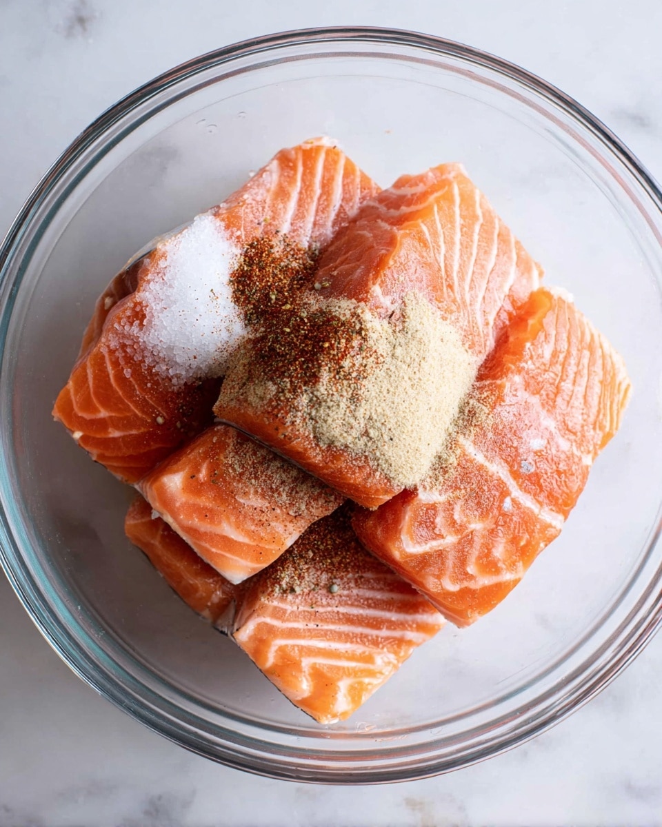 A clear glass bowl holds four thick pieces of raw salmon stacked closely together, showing their bright orange-pink color with white stripes of fat. On top of the salmon, there are several layers of different spices in powder form, including white salt, black pepper, reddish paprika, and beige garlic powder, sprinkled unevenly across the fish. The bowl sits on a white marbled surface. photo taken with an iphone --ar 4:5 --v 7