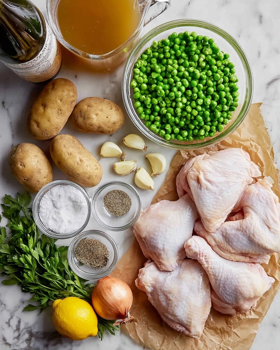 The image shows several raw chicken pieces with pale pink skin placed on brown parchment paper, positioned mainly in the top right part of the frame. Below the chicken, there is a clear glass bowl filled with bright green frozen peas. To the bottom left, there are two brown potatoes with rough skin next to a small glass container of white flour. Next to the flour, there is a small bowl with ground black pepper and another small bowl of white salt. Between the potatoes and peas, there are three peeled yellow garlic cloves and a whole shallot with light brown skin. In the center bottom, there is a half lemon with bright yellow skin and juicy texture beside a small bunch of fresh flat parsley with bright green leaves. Near the upper left side, there is a large glass jug filled with light brown broth, next to a dark bottle with a white label. All items are set on a white marbled surface. photo taken with an iphone --ar 4:5 --v 7