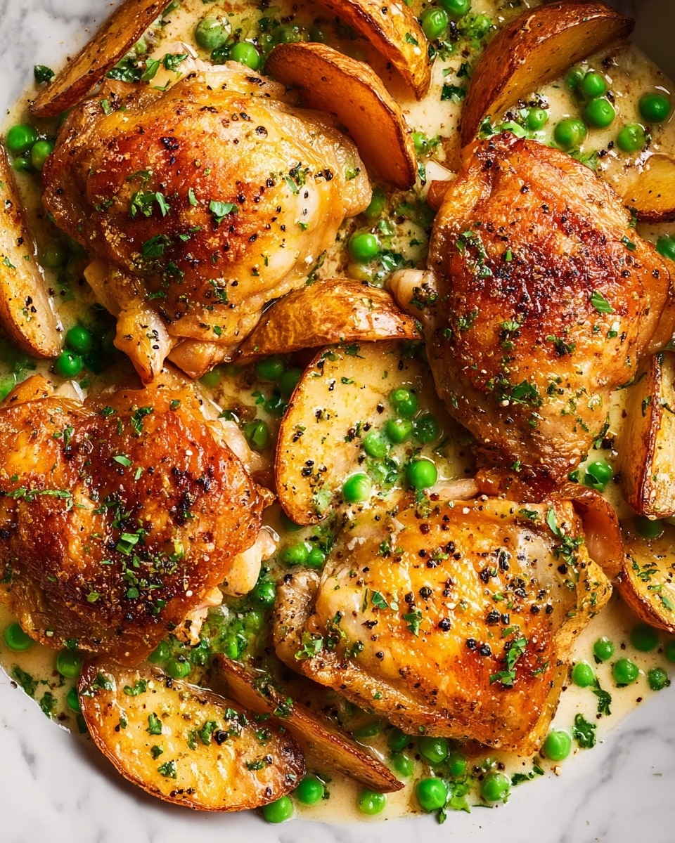 The image shows a dish with several pieces of golden brown chicken thighs placed closely together, each piece having a crispy skin with visible black pepper and herbs sprinkled on top. Around and under the chicken are thick potato wedges with a browned, slightly crispy texture. Bright green peas are scattered among the chicken and potatoes, adding a pop of color. The whole dish is covered lightly with a creamy sauce that pools around the layers, giving a moist appearance. Chopped green herbs are sprinkled over everything for garnish. The dish sits on a surface with a white marbled texture photo taken with an iphone --ar 4:5 --v 7