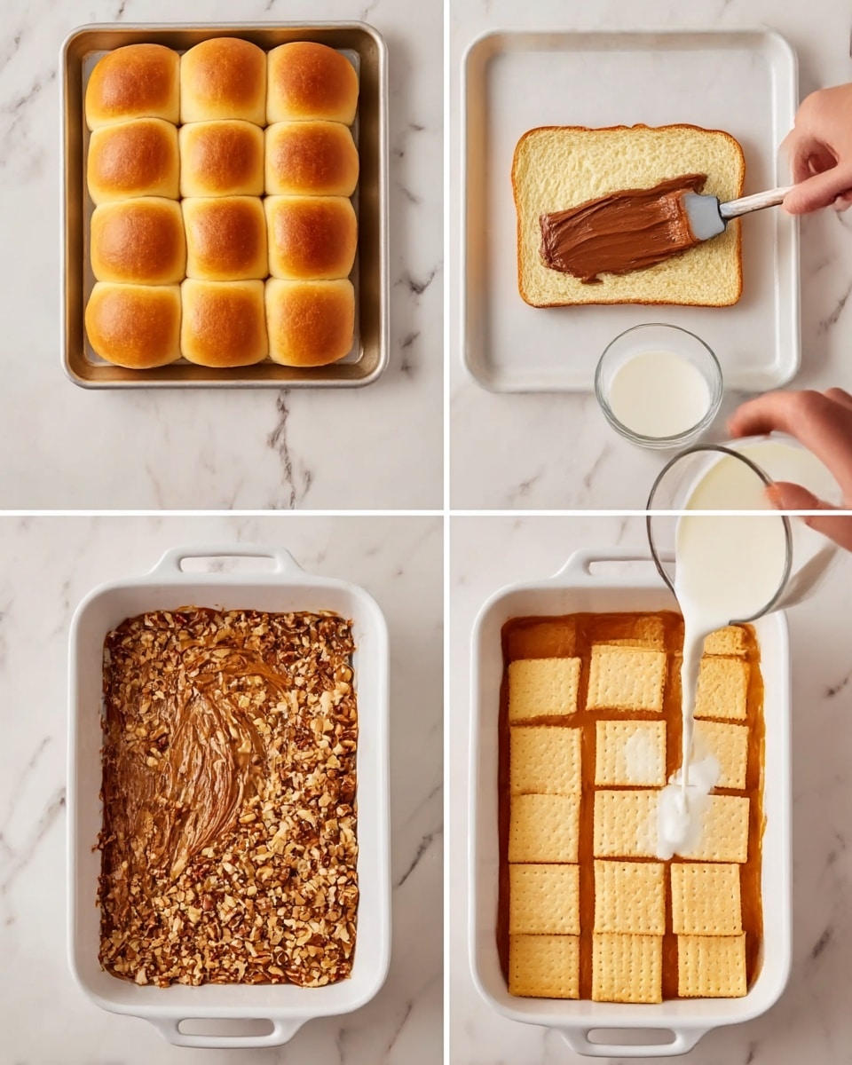 The image shows a series of four steps for making a layered dessert. The first step shows a tray with 12 soft, golden-brown bread rolls neatly arranged in three rows of four on a white marbled surface. The second step shows a flat piece of bread on a white marbled surface being spread with a smooth, dark brown spread using a spatula. The third step shows a white baking dish with chopped nuts spread around the edges and a caramel-colored sauce being spread inside the dish with a spatula. The fourth step shows the same white baking dish with a layer of square, light golden crackers placed on top of the nuts and sauce, while a woman's hand pours a thick, creamy white liquid from a small glass into the dish over the crackers. Photo taken with an iphone --ar 4:5 --v 7