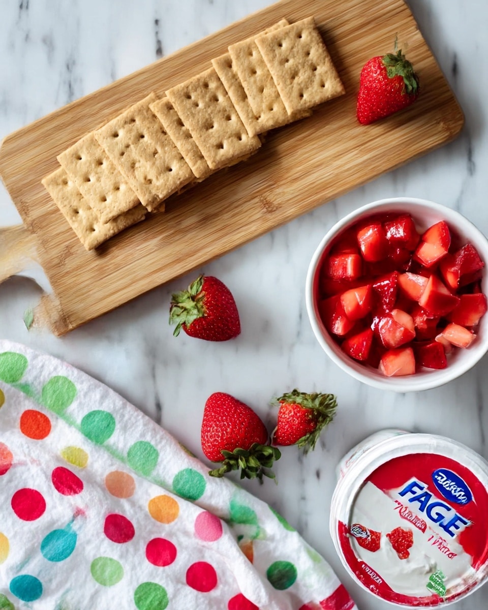 The image shows a wooden board placed on a white marbled surface with several rectangular graham crackers neatly stacked on the top left. Next to the crackers is a white bowl filled with small, bright red chopped strawberries. Around the bowl and crackers, there are whole fresh strawberries scattered. At the bottom left, a white cloth with colorful polka dot stripes is draped casually, with two whole strawberries resting on it. On the right side of the image, there is a container of FAGE Total 2% yogurt with part of the lid visible. photo taken with an iphone --ar 4:5 --v 7