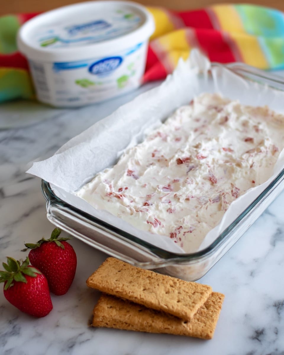 The image shows a rectangular glass dish lined with white parchment paper filled with a creamy white mixture that has small red bits mixed in, giving it a slightly speckled look. Next to the dish, there are three rectangular golden-brown crackers with a slightly rough texture stacked together on a white marbled surface. On the left side of the dish, there are two fresh red strawberries with green leaves. Behind the dish, there is a container of yogurt with a white label and blue top, along with a colorful cloth with red, yellow, green, and blue stripes blurred in the background. photo taken with an iphone --ar 4:5 --v 7
