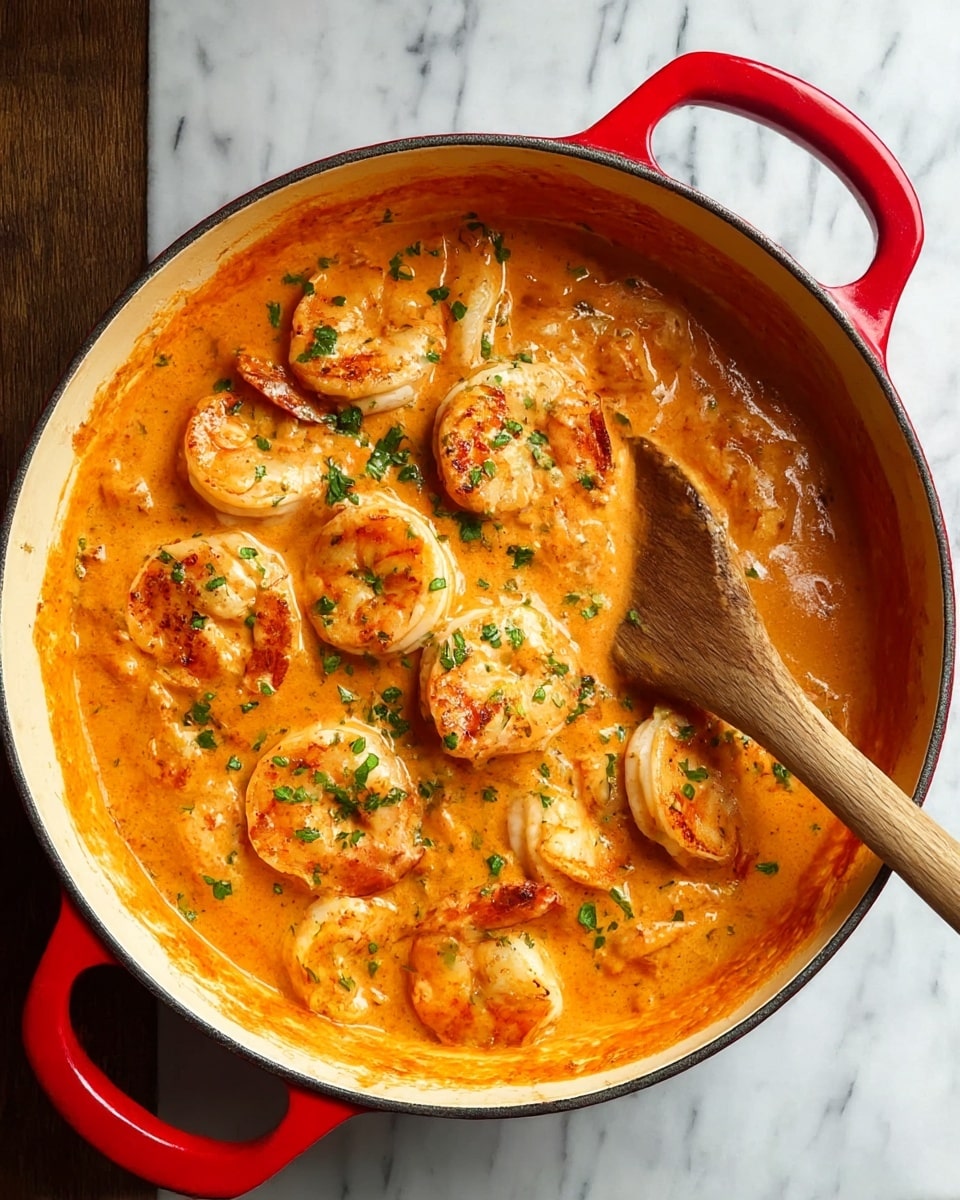 A round red pot filled with large shrimp cooked in thick orange sauce that looks creamy and smooth. The shrimp are light pink with some black grill marks and are spread evenly in the sauce. Small bits of green herbs are scattered over the shrimp and sauce. A wooden spoon is partly inside the pot, stirring the sauce. The pot is placed on a white marbled surface. photo taken with an iphone --ar 4:5 --v 7