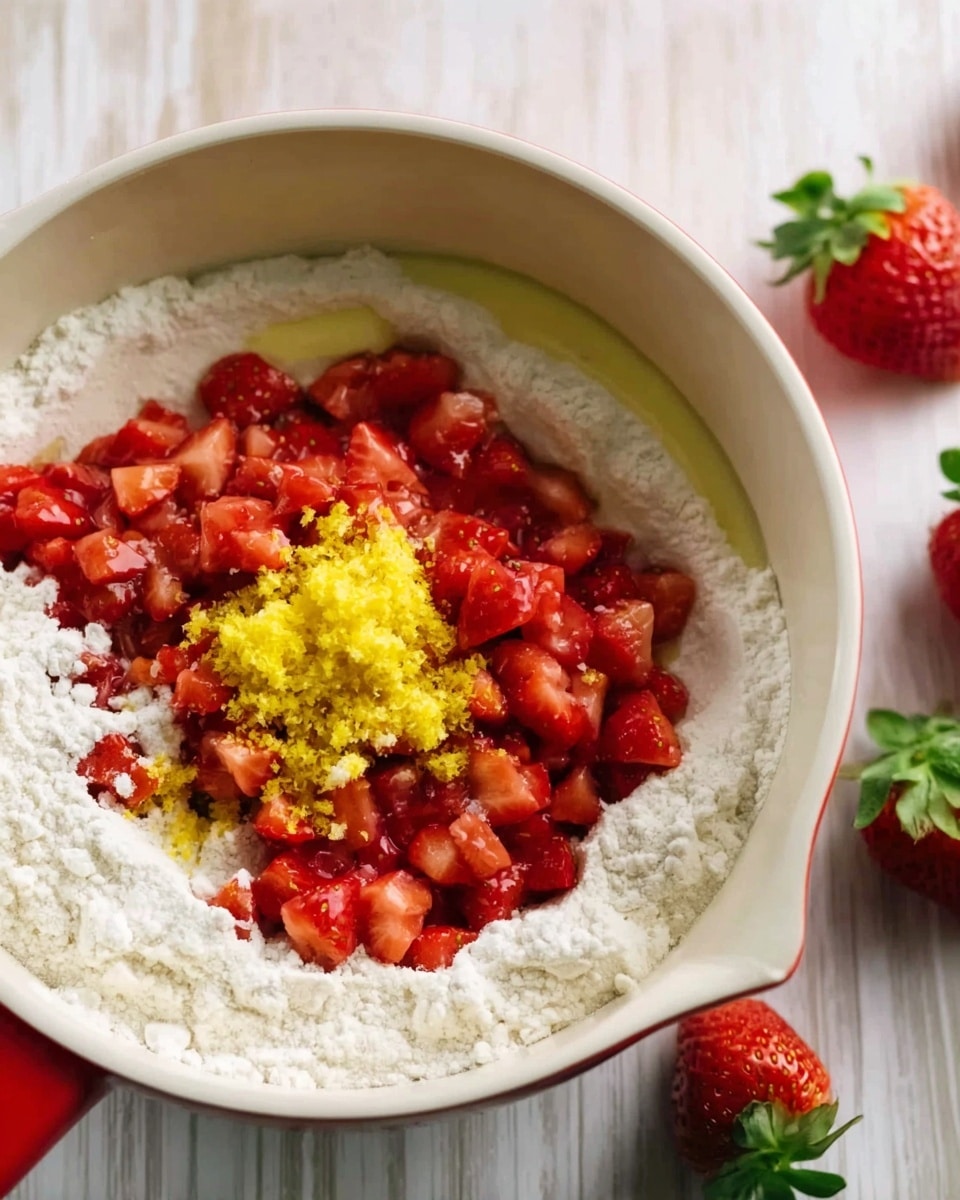 The image shows a close-up of a white bowl filled with a layer of white flour at the bottom. On top of the flour, there is a pile of chopped red strawberries, which have a juicy and slightly shiny texture. In the center of the strawberries, there is a small mound of bright yellow grated zest, adding a contrast of color and texture. The bowl has a red handle and is placed on a surface with a white marbled texture. Next to the bowl, there are whole strawberries with green leaves visible. Photo taken with an iphone --ar 4:5 --v 7