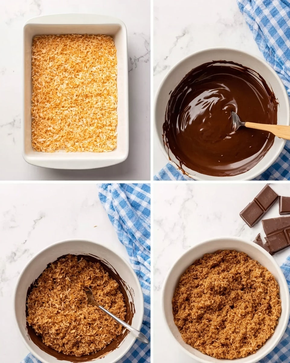 The image shows a simple process of making a dessert in four frames arranged in a square. The top left frame displays a white rectangular dish filled with a layer of golden toasted coconut flakes, spread evenly. The top right frame shows a white bowl with smooth, dark melted chocolate being stirred with a spoon, surrounded by a few chocolate chips and a blue checkered cloth on a white marbled surface. The bottom left frame captures a close-up of a white bowl where toasted coconut flakes are mixed with the melted chocolate, the mixture starting to combine with a rich brown, glossy texture. The bottom right frame shows the same white bowl filled with a fully mixed, textured brown coconut and chocolate mixture, ready to be used. Photo taken with an iphone --ar 4:5 --v 7