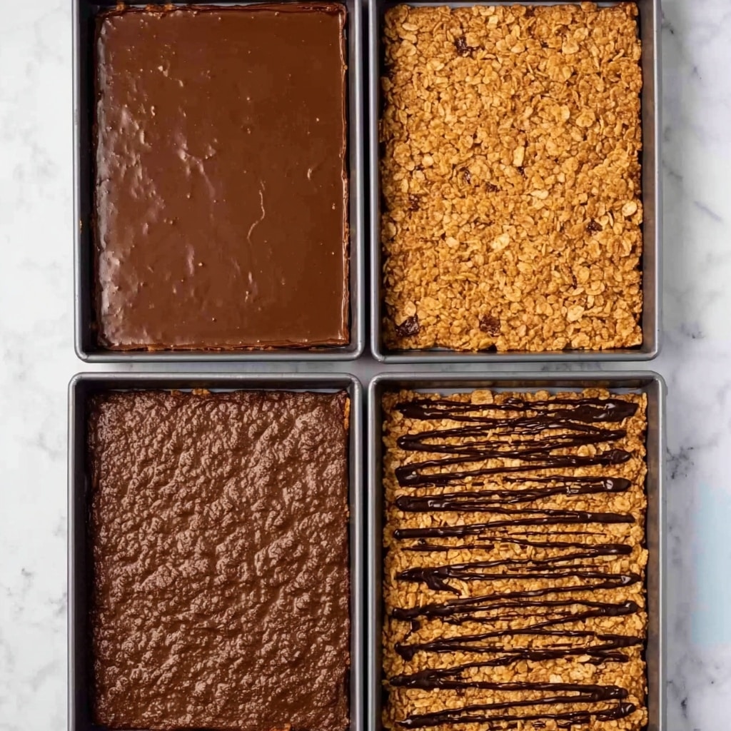 The image shows four stages of making a dessert in a rectangular baking pan on a white marbled surface. The first stage has a smooth, thick layer of chocolate spread evenly, dark brown in color and covering the whole pan. The second stage shows a slightly rougher, baked chocolate layer with a cracked texture but still dark brown, filling the pan completely. The third stage has a golden brown, crunchy layer of cereal spread evenly in the pan, with a textured, uneven surface. The final stage features the cereal layer topped with a drizzle of shiny, darker chocolate in thin, irregular lines, adding contrast and a decorative look. Photo taken with an iphone --ar 4:5 --v 7