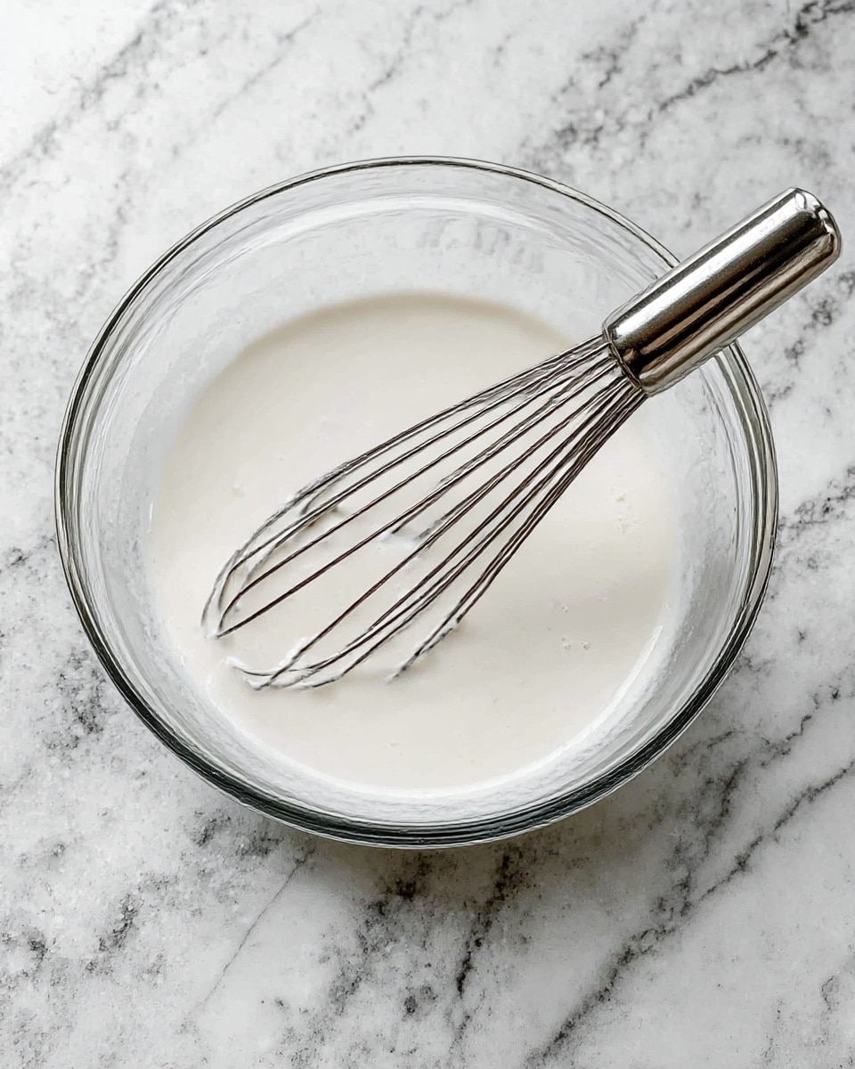 A clear glass bowl sits on a white marbled surface, filled with a smooth, white liquid mixture that almost fills the bowl. Inside the bowl rests a metal whisk with thin wires and a shiny silver handle placed at an angle, partially submerged in the liquid. The white liquid has a creamy texture without any lumps. photo taken with an iphone --ar 4:5 --v 7