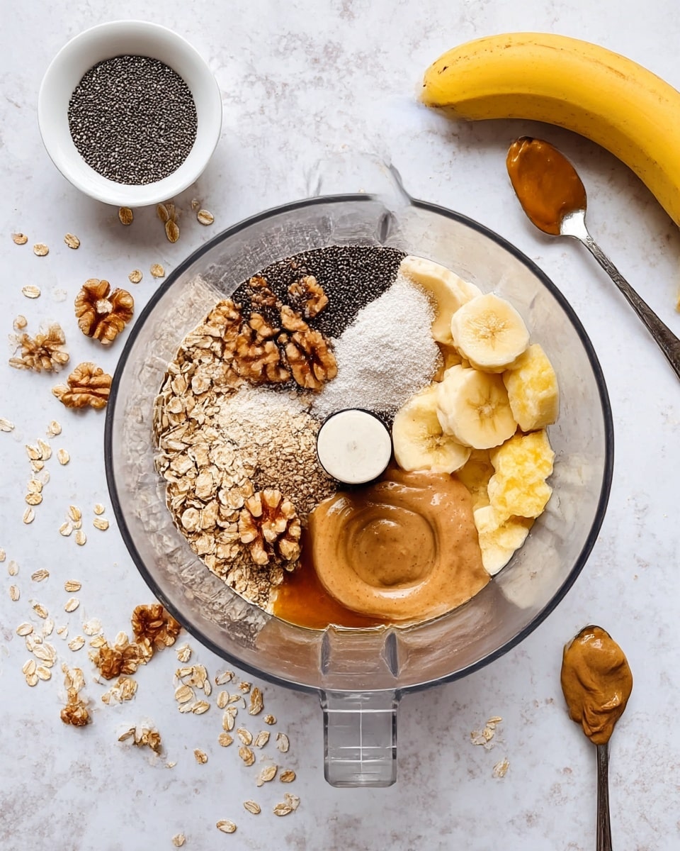 A clear food processor bowl shows seven distinct layers of ingredients arranged in sections: light brown rolled oats at the bottom left, a dusting of white powder next to it, dark chia seeds in the top left, walnut halves near the top center, mashed yellow bananas on the right, smooth light brown peanut butter below the bananas, and a golden amber honey-like layer under the peanut butter extending towards the oats. The bowl sits on a white marbled surface scattered with oats and walnut pieces. To the upper left of the bowl is a small white bowl filled with chia seeds, to the right is a silver spoon with peanut butter, and a whole yellow banana lies to the bottom left. Photo taken with an iphone --ar 4:5 --v 7