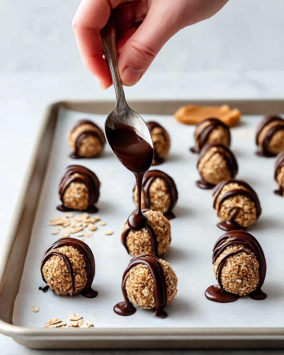 A woman's hand is holding a silver spoon, pouring smooth dark chocolate over round, textured oat and seed balls arranged in neat rows on a white parchment-lined baking sheet. Each ball is light brown with visible bits of oats and seeds, and some balls at the front have gentle dark chocolate drizzles curling over them. The background features a white marbled surface with scattered oat flakes and a small piece of peanut butter, creating a clean and simple setting. photo taken with an iphone --ar 4:5 --v 7