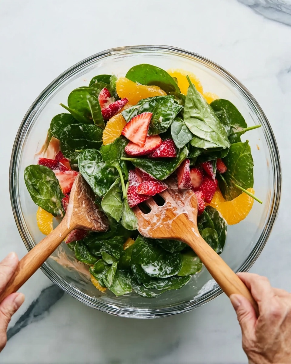 A clear glass bowl filled with a fresh salad showing three layers of ingredients: the bottom layer is bright orange slices, the middle layer has green spinach leaves, and the top layer shows evenly sliced red strawberries mixed with creamy salad dressing that lightly coats the leaves. Two wooden spoon salad tongs are inside the bowl, and two woman's hands are holding the tongs, mixing the salad. The bowl sits on a white marbled surface. photo taken with an iphone --ar 4:5 --v 7