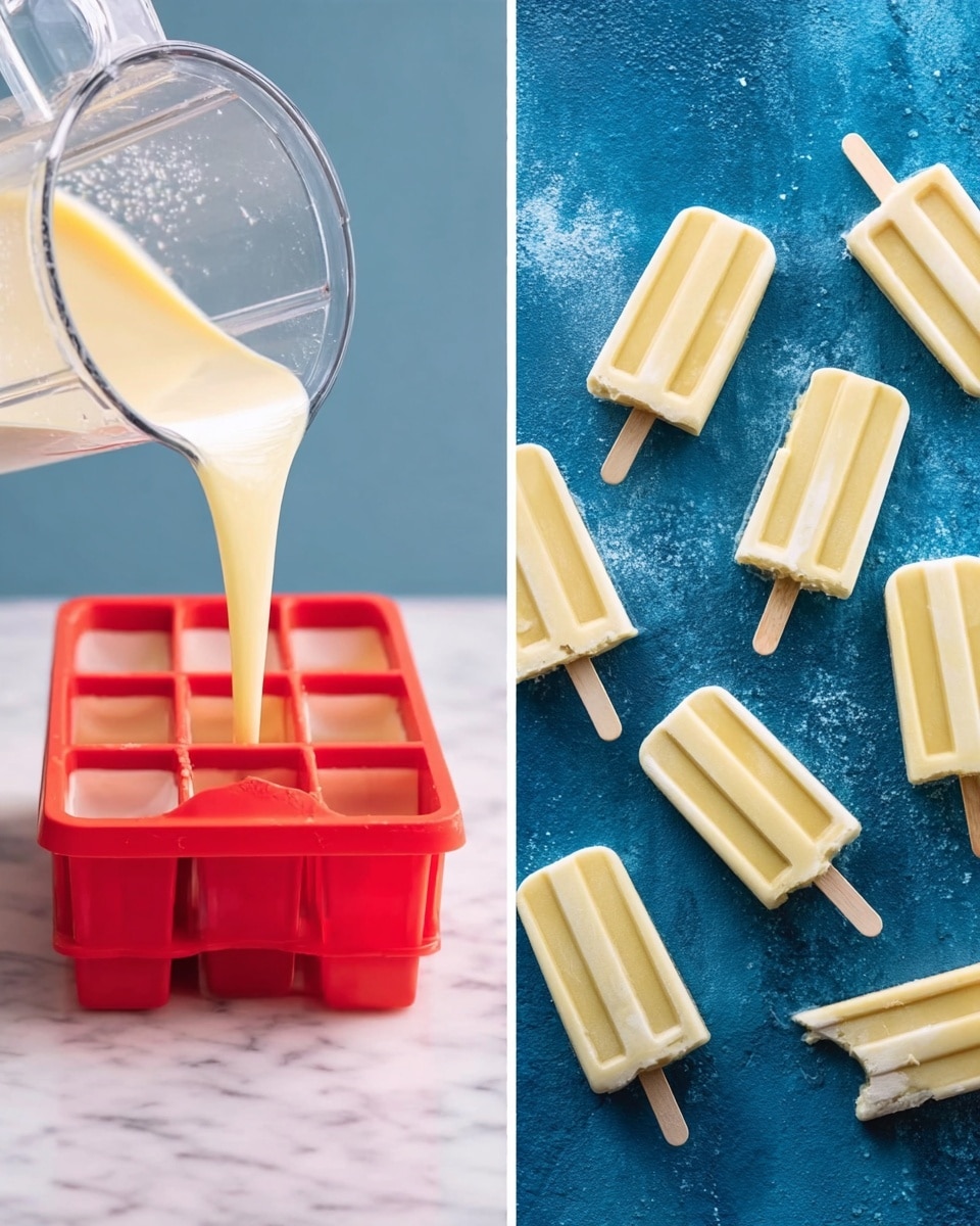 The image shows two parts: on the left side, a clear blender is pouring a smooth, creamy light yellow mixture into a bright orange popsicle mold with six cavities, placed on a silver tray; on the right side, there are ten light yellow popsicles with wooden sticks scattered on a blue surface, one popsicle has a bite taken out of it, revealing the creamy inside, the popsicles have a smooth texture with faint vertical lines on them. photo taken with an iphone --ar 4:5 --v 7