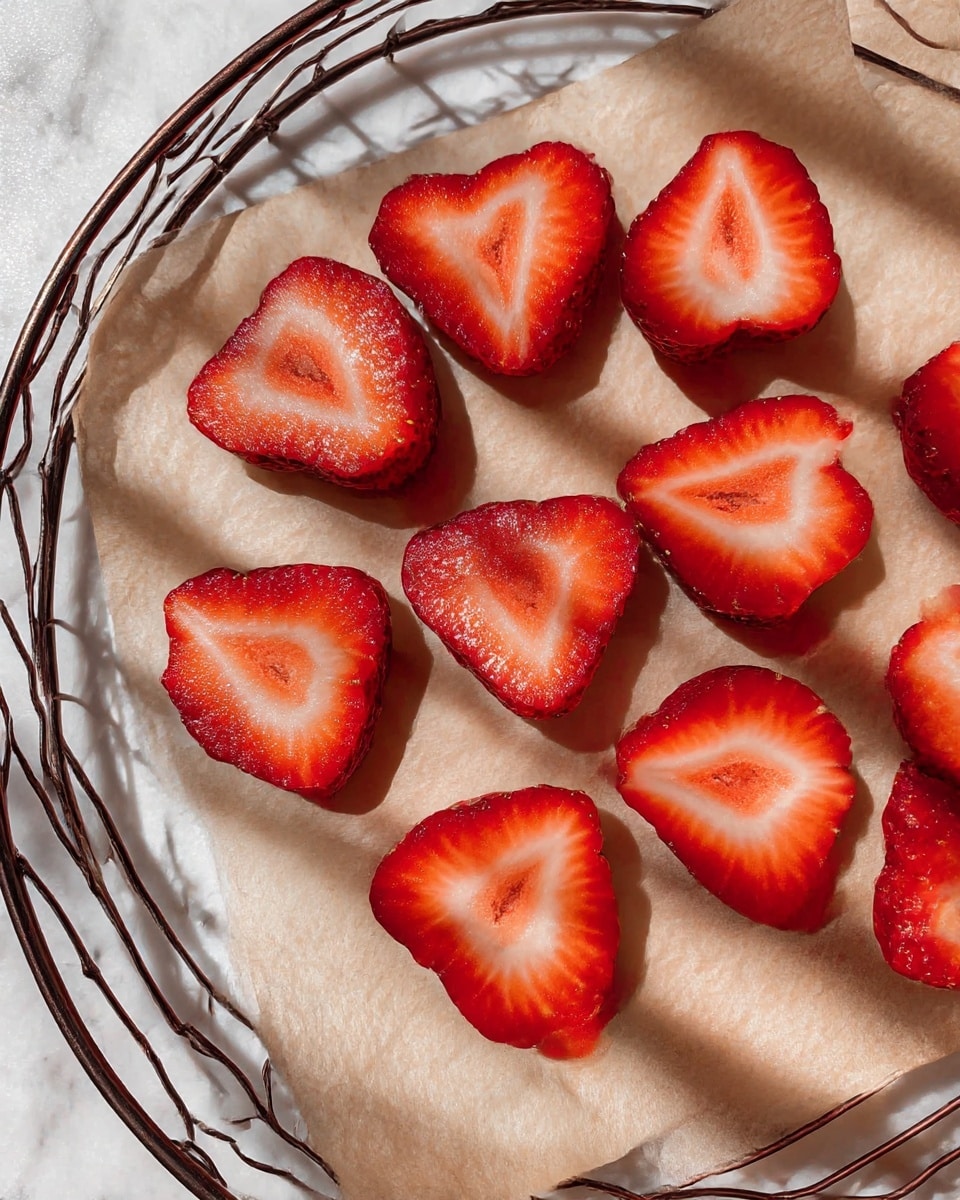 Nine slices of strawberries are placed in three rows on a piece of beige parchment paper inside a round wire basket. The strawberries are bright red with white centers, showing their juicy and fresh texture. The wire basket has a dark metal color that contrasts with the white marbled surface underneath. The light creates shiny spots on the strawberries and soft shadows from the basket's mesh. Photo taken with an iphone --ar 4:5 --v 7