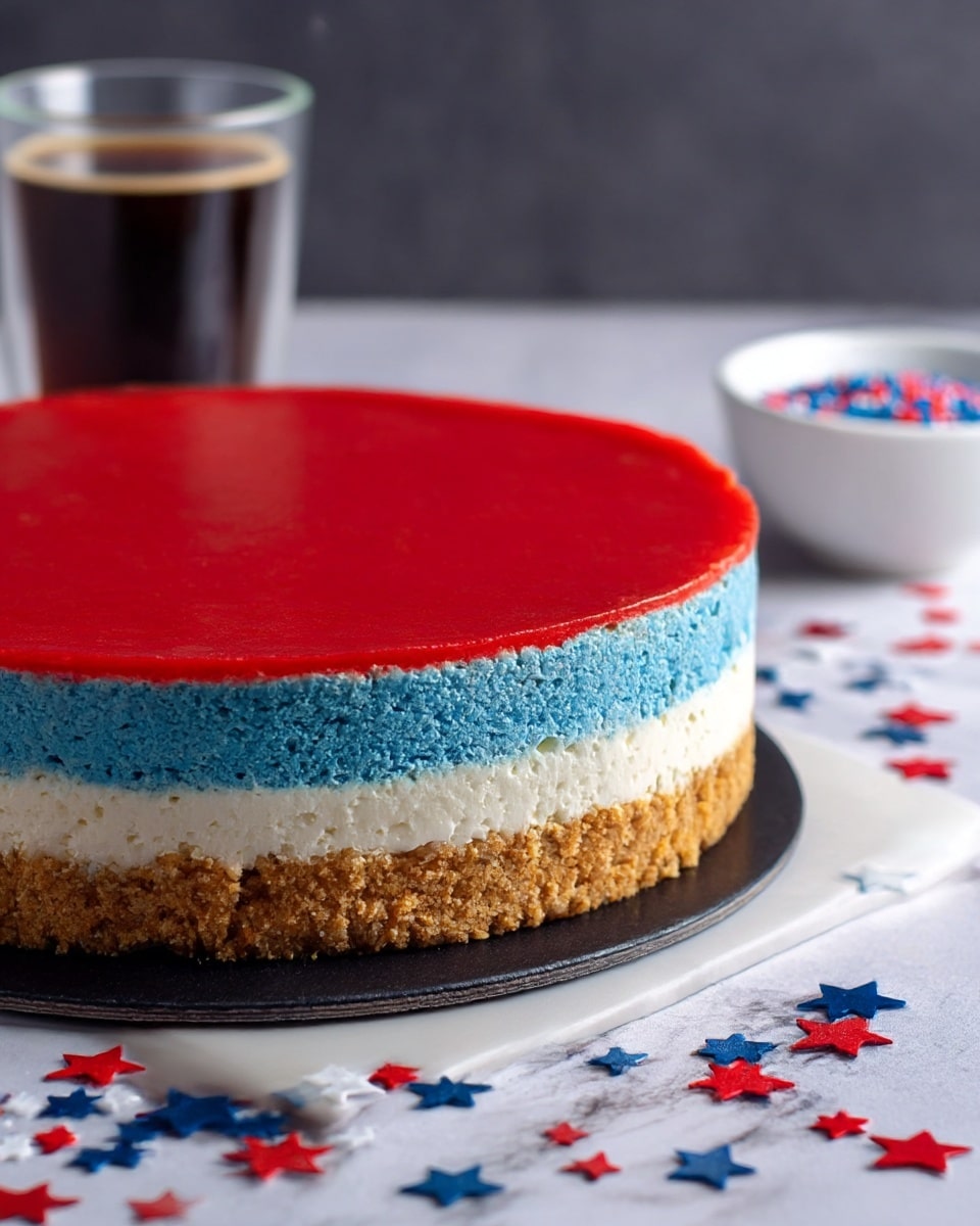 A round cake with four visible layers starts with a crumbly light brown base at the bottom, followed by a thick, textured blue layer. Above that is a thin creamy white layer that slightly dips in the middle. The top layer is smooth and bright red, covering the whole cake. The cake sits on a black stand upon a white marbled surface decorated with red, white, and blue star-shaped confetti. In the background, there is a transparent cup filled with a dark liquid and a white bowl containing small red and blue round sprinkles. Photo taken with an iphone --ar 4:5 --v 7