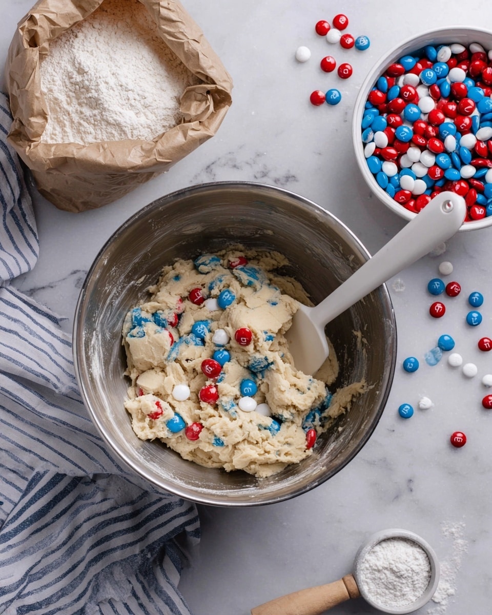 A large silver mixing bowl holds thick, light beige cookie dough with red, white, and blue candy pieces mixed in, scattered unevenly on the surface and inside the dough. A white spatula with a smooth handle rests inside the bowl, partly covered in dough. Next to the bowl is a crumpled brown paper bag filled with white flour. On the right, a white bowl brimming with red, blue, and white candies sits on a white marbled surface, with some candies spilled around it. A white and blue striped cloth is seen under the flour bag. A small white bowl with sugar and a small wooden scoop is partially visible at the bottom right corner. The overall scene is set on a white marbled texture. Photo taken with an iphone --ar 4:5 --v 7