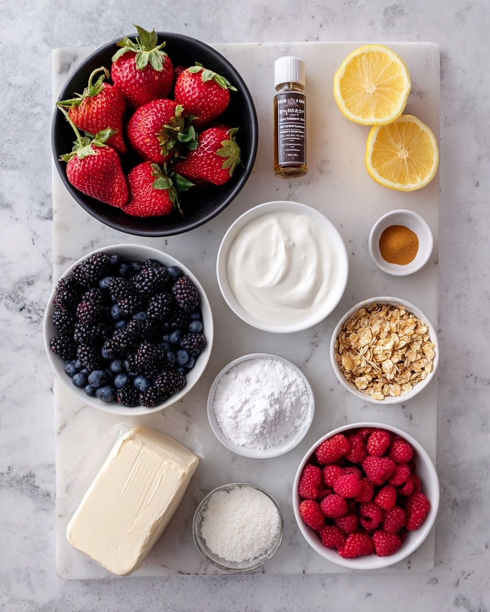 The image shows different ingredients arranged on a white marbled surface. There is a black bowl full of bright red strawberries with green leaves at the top left. Near the center is a small bottle of clear vanilla flavoring. To the right, a white bowl contains smooth, white cream. Below the strawberries is a white bowl filled with dark blue blueberries, and lower left, another white bowl holds shiny black blackberries. Next to the blackberries, a partially unwrapped block of cream cheese rests on the surface. Toward the bottom right, a white bowl is filled with small, bright red raspberries. There is also a white bowl containing golden brown granola and smaller white bowls with light brown sugar, shredded white coconut, and powdered sugar. At the top right, two lemon halves show their yellow, juicy interior. photo taken with an iphone --ar 4:5 --v 7