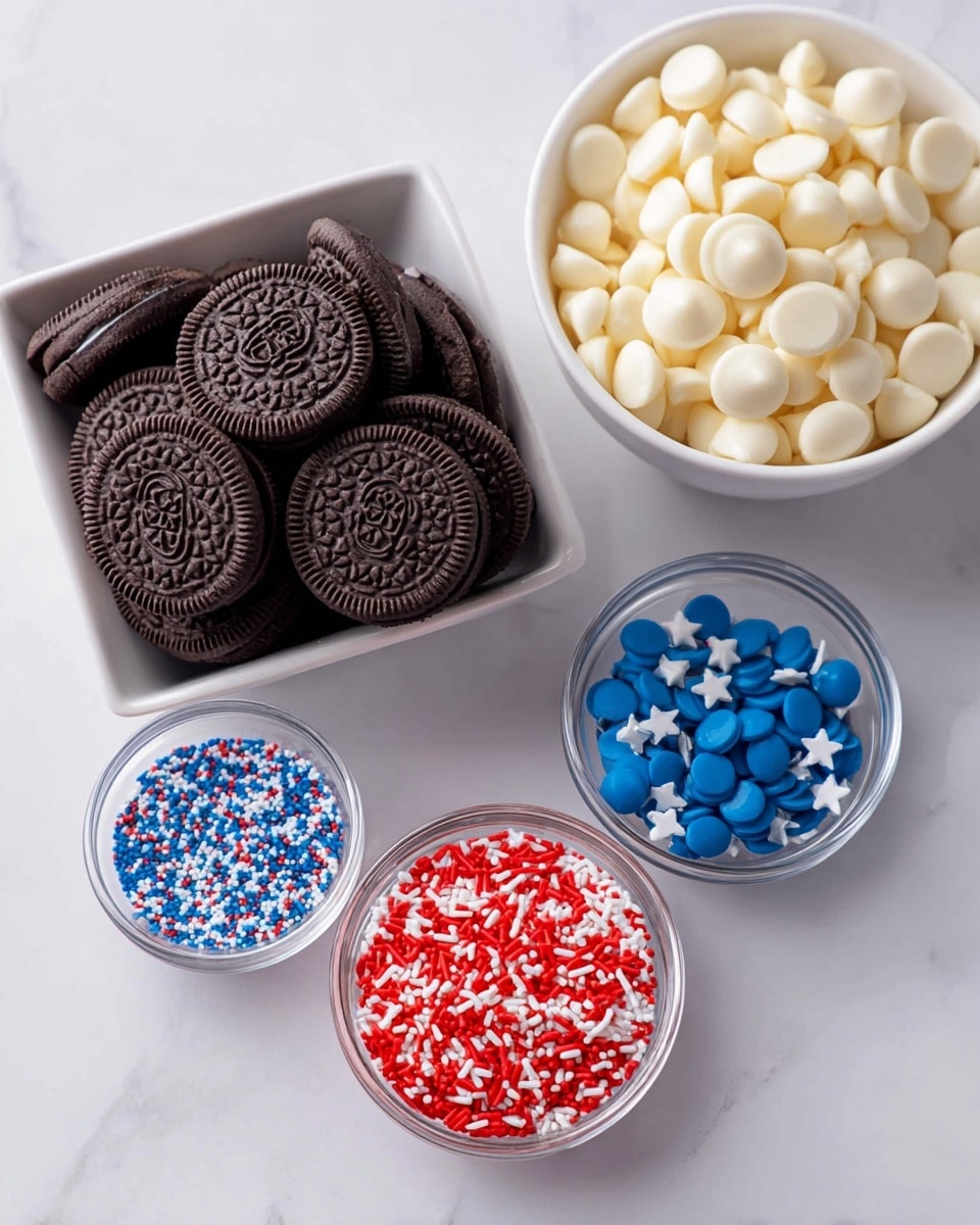 A white square bowl filled with many dark brown Oreos stacked together, showing their round shape and detailed pattern on top. Next to it, a white round bowl full of creamy white chocolate chips with a smooth, shiny texture. Below these, there are three small clear bowls each holding different red, white, and blue sprinkles: one with small round beads, one with star shapes, and one with flat round sprinkles. All items are placed on a white marbled surface. photo taken with an iphone --ar 4:5 --v 7
