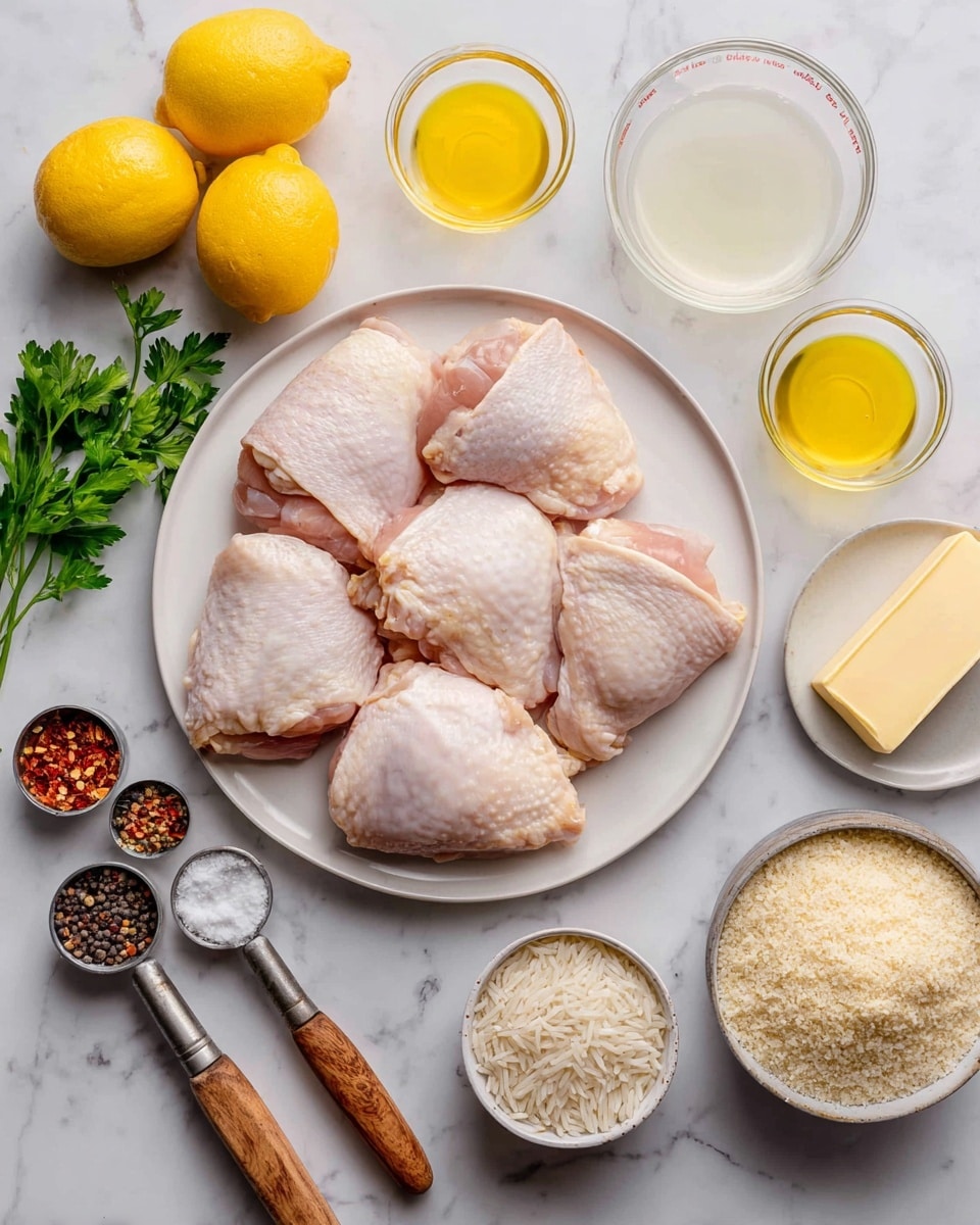 A white plate is in the center holding six raw chicken thighs with pale pink skin and some white fat. Around the plate, there are two whole yellow lemons on the left, two measuring cups with light yellow and white liquids on the top right. Below the measuring cups, there is a small block of yellow butter and fresh green parsley. On the bottom left and along the bottom, there are wooden-handled measuring spoons filled with black pepper, red chili flakes, white salt, a beige powder, and breadcrumbs. There are also two metal measuring cups with white rice and light brown shredded flakes near the lemons. The background is a white marbled texture. Photo taken with an iphone --ar 4:5 --v 7