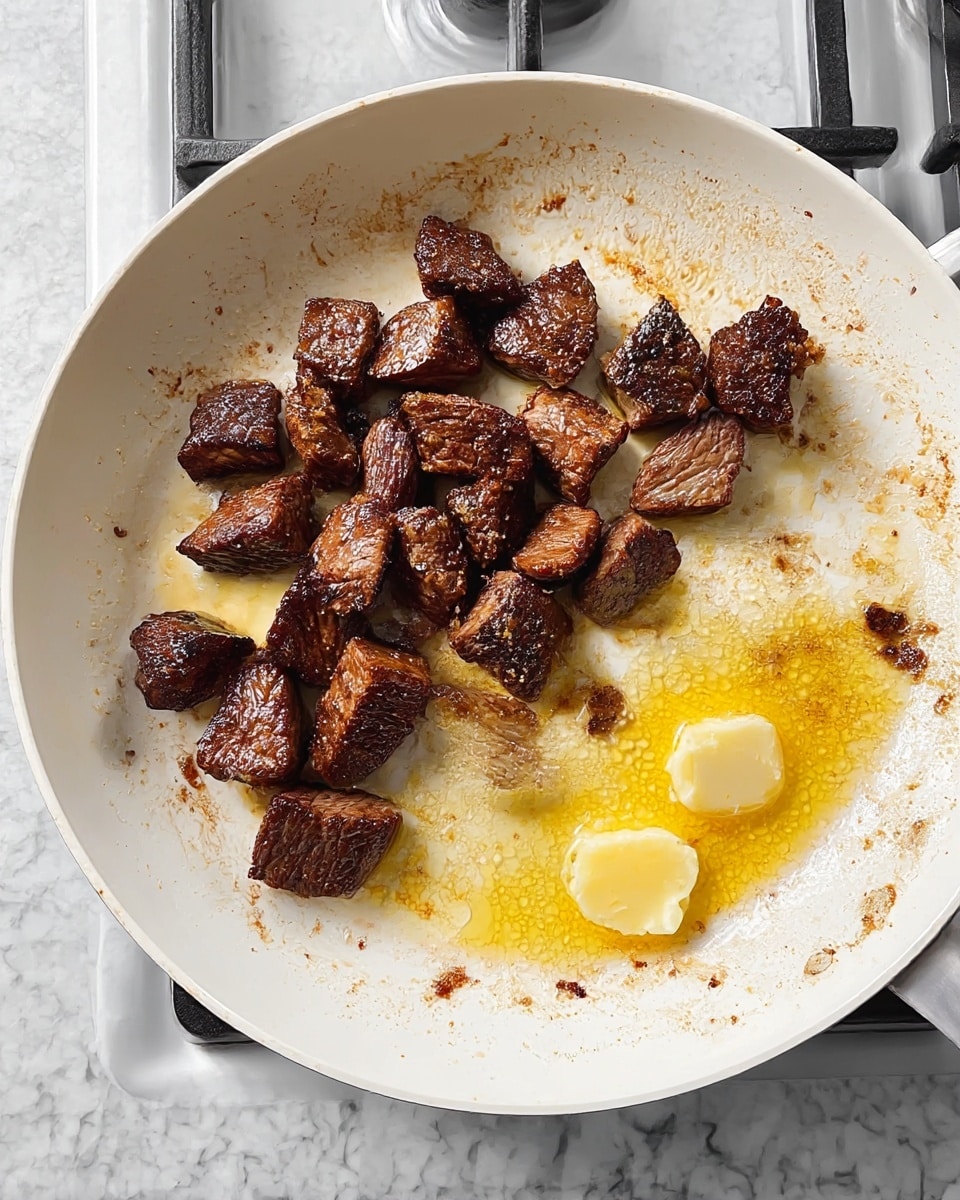 A white frying pan holds a single layer of dark brown seared beef cubes with some parts slightly charred, arranged near the top edge of the pan. Near the bottom right side of the pan, there are two small dollops of melted yellow butter surrounded by golden-brown cooking oil and small browned bits stuck to the pan's surface. The pan rests on a stove with a white marbled countertop visible beneath. Photo taken with an iphone --ar 4:5 --v 7