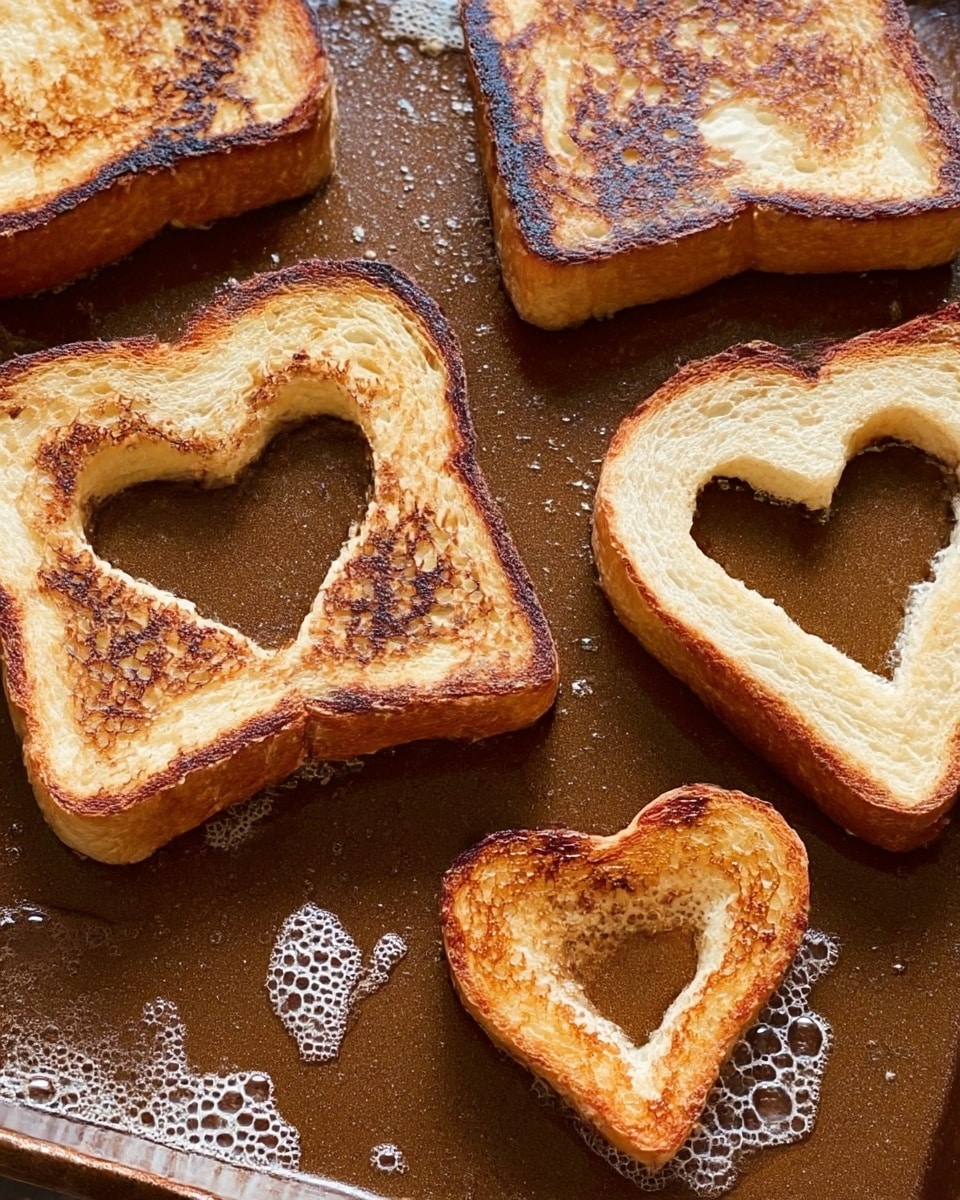 Four slices of toasted white bread on a brown pan, three slices are whole and have dark brown grilled marks with some lighter toasted areas, one slice has a heart shape cut out from its center which is placed nearby, smaller and toasted to a golden brown with dark spots, small bubbles of melted butter are scattered around the bread pieces on the pan, the scene focuses on the textures and colors of the toasted bread and butter bubbles photo taken with an iphone --ar 4:5 --v 7
