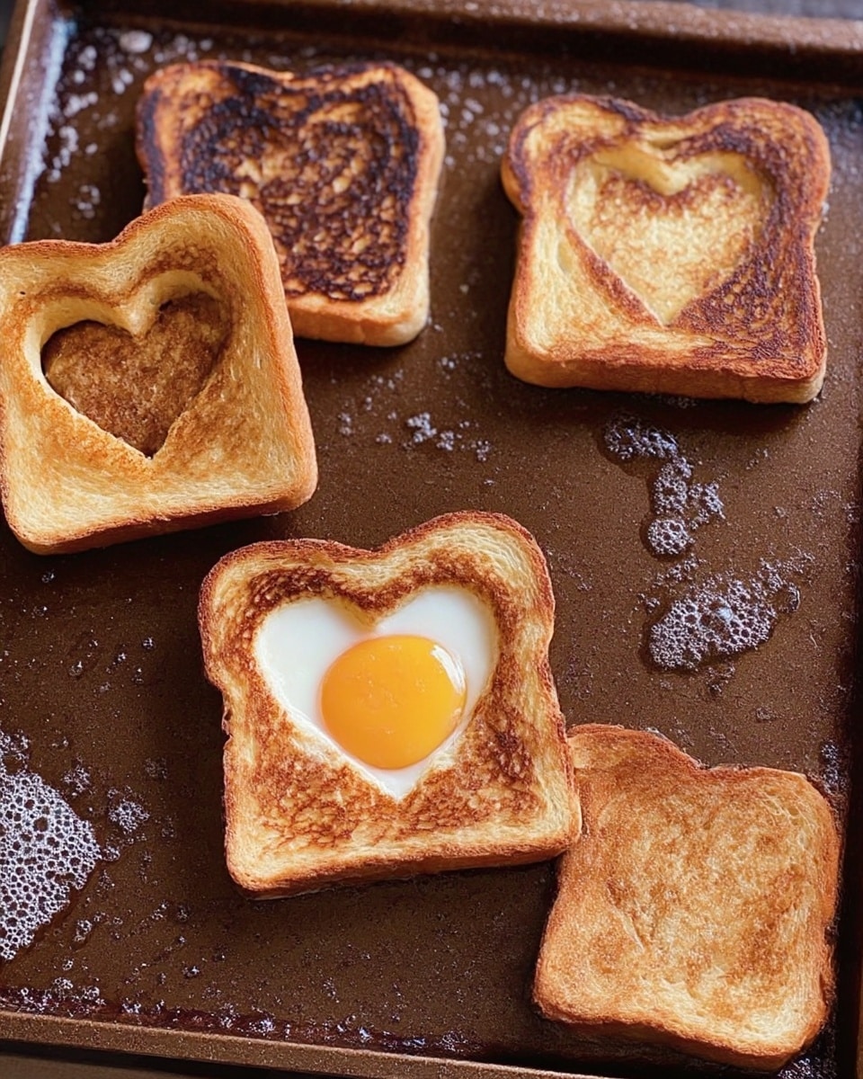 The image shows four slices of toasted white bread cooking on a hot brown griddle. One slice in the front has a heart-shaped hole in the center, filled with a raw egg with a bright yellow yolk and clear white. The other three slices are fully toasted, two of them with a darker browning pattern, and one with a lighter texture. The griddle surface has small bubbles of melting butter and some grease spots, and the edges of the bread are slightly golden brown. The scene has a warm, rustic feel. Photo taken with an iphone --ar 4:5 --v 7
