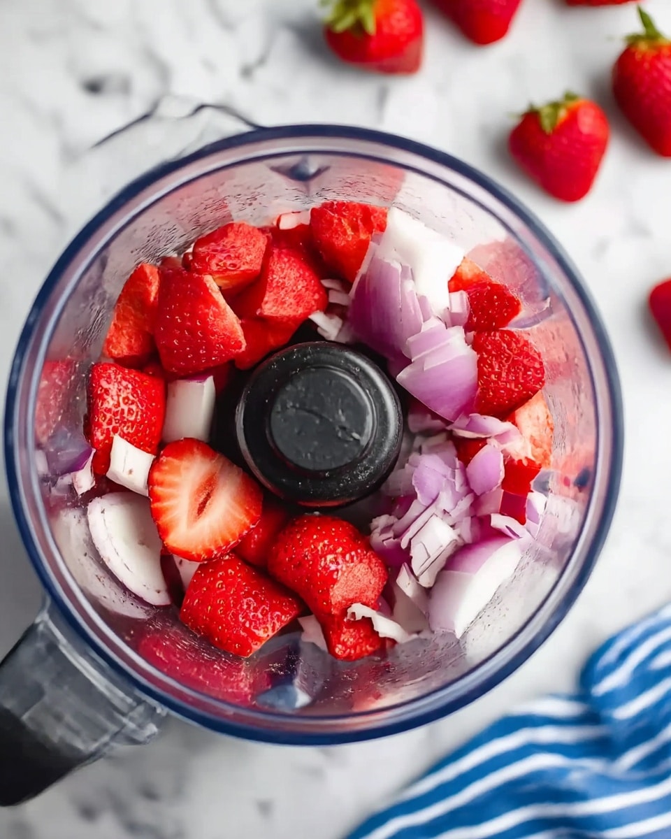 The image shows a close-up view inside a clear blender bowl resting on a white marbled surface, filled with bright red quartered strawberries and pieces of light purple and white onion scattered on top. The strawberries have a smooth, slightly shiny texture, and the onion pieces add a contrasting rough, slightly translucent look. The blender blade is centered and black, surrounded by the fruit and onion, creating layers that show freshness and brightness. The scene includes a striped blue and white cloth partially visible on the right side and whole strawberries lying on the white marbled surface nearby. Photo taken with an iphone --ar 4:5 --v 7