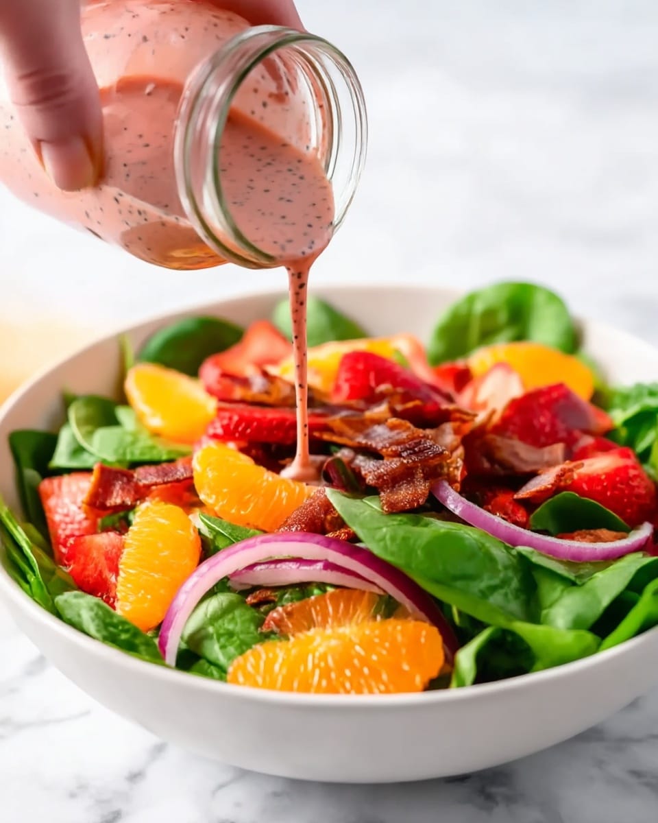 A white bowl filled with fresh green spinach leaves as the base layer, topped with bright orange mandarin slices, thin red onion rings, crispy small brown bacon pieces, and vibrant red strawberry slices scattered evenly. A woman's hand is holding a small glass jar above the bowl, pouring pink salad dressing speckled with black seeds over the colorful layers. The bowl sits on a white marbled surface with soft natural light highlighting the freshness of the ingredients. photo taken with an iphone --ar 4:5 --v 7