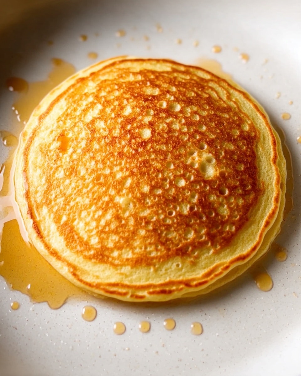 A single thick pancake with a golden brown color and a slightly uneven round shape rests in the center of a white pan. There are small bubbles on the top surface of the pancake, showing a light texture. Around the pancake, dots of syrup add a glossy contrast on the white marbled background of the pan. The edges of the pancake have a slightly darker, crisp look. photo taken with an iphone --ar 4:5 --v 7
