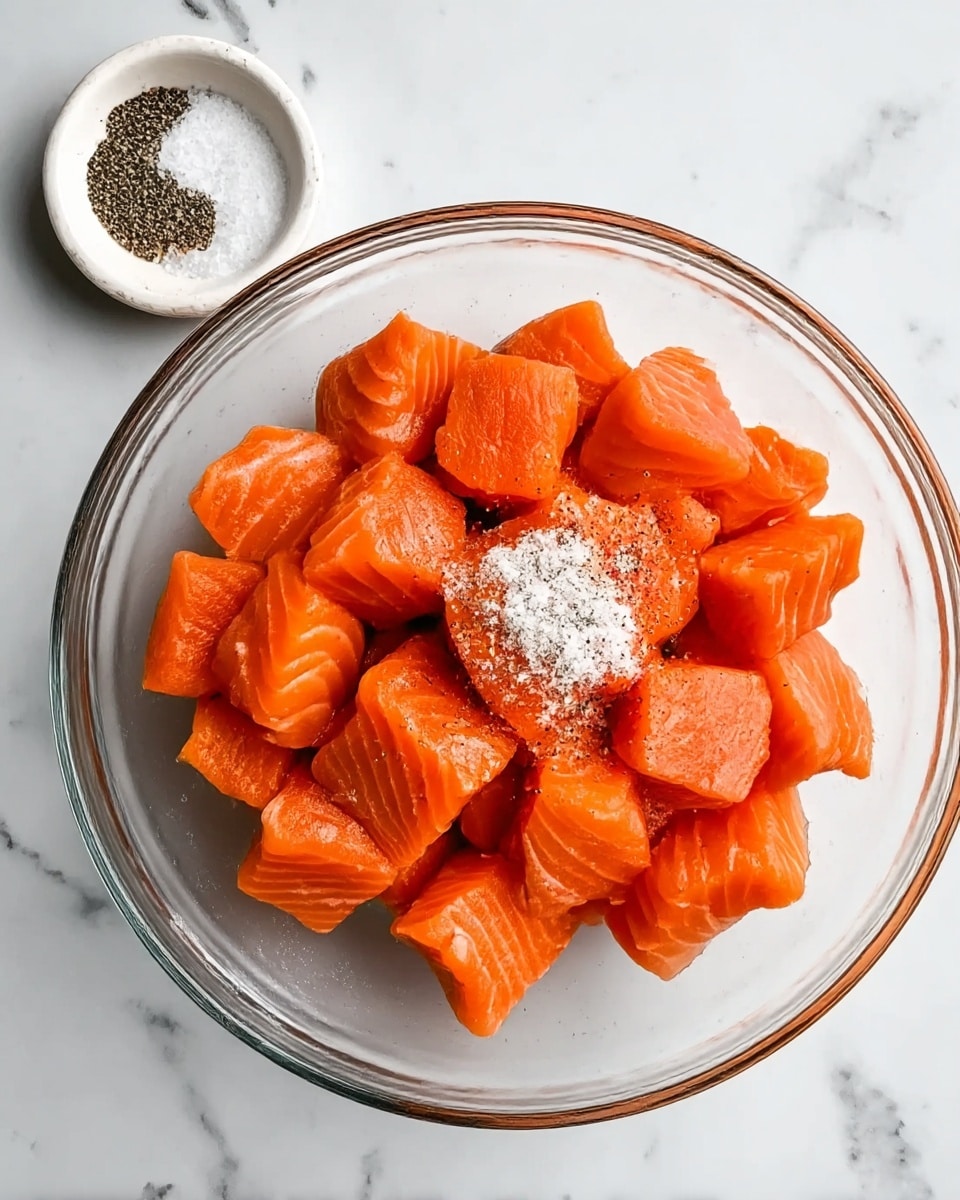 A clear glass bowl on a white marbled surface holds many pieces of bright orange salmon chunks arranged in a circle, with seasoning of white salt and black pepper sprinkled mainly in the center on top of the fish. In the top left corner, a small white bowl contains more salt and black pepper. Photo taken with an iphone --ar 4:5 --v 7