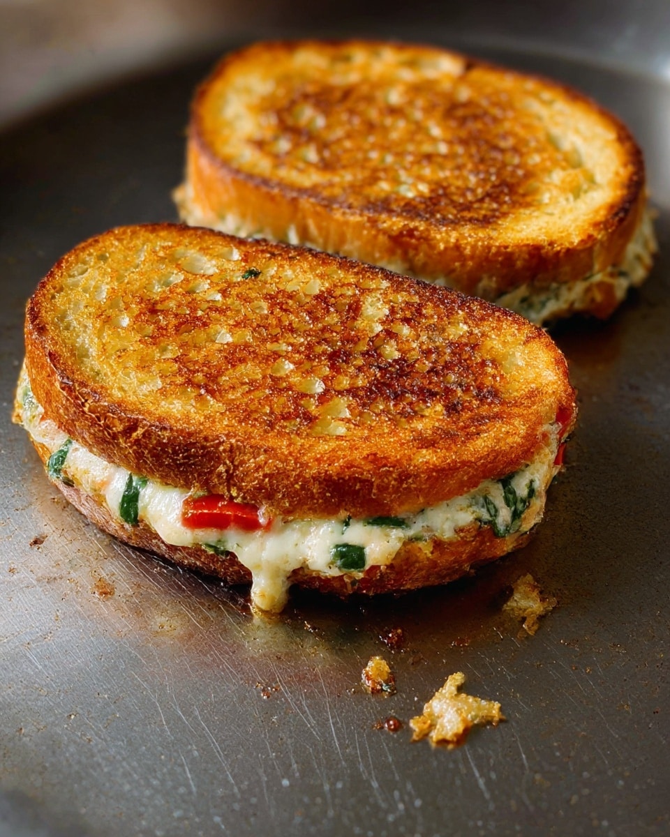 Two grilled sandwiches with golden brown crispy crusts rest on a metal surface, each showing visible bubbles and toasted texture on the top bread layer. Between the toasted bread, layers of melted white cheese, green herbs, and some red pieces from vegetables peek out. The bread is thick and has a light airy texture inside with darker toasted edges. Small bits of melted cheese are seen oozing and crisping around the edges on the metal surface where they are cooking. The whole scene has a warm, freshly cooked feel. Photo taken with an iphone --ar 4:5 --v 7