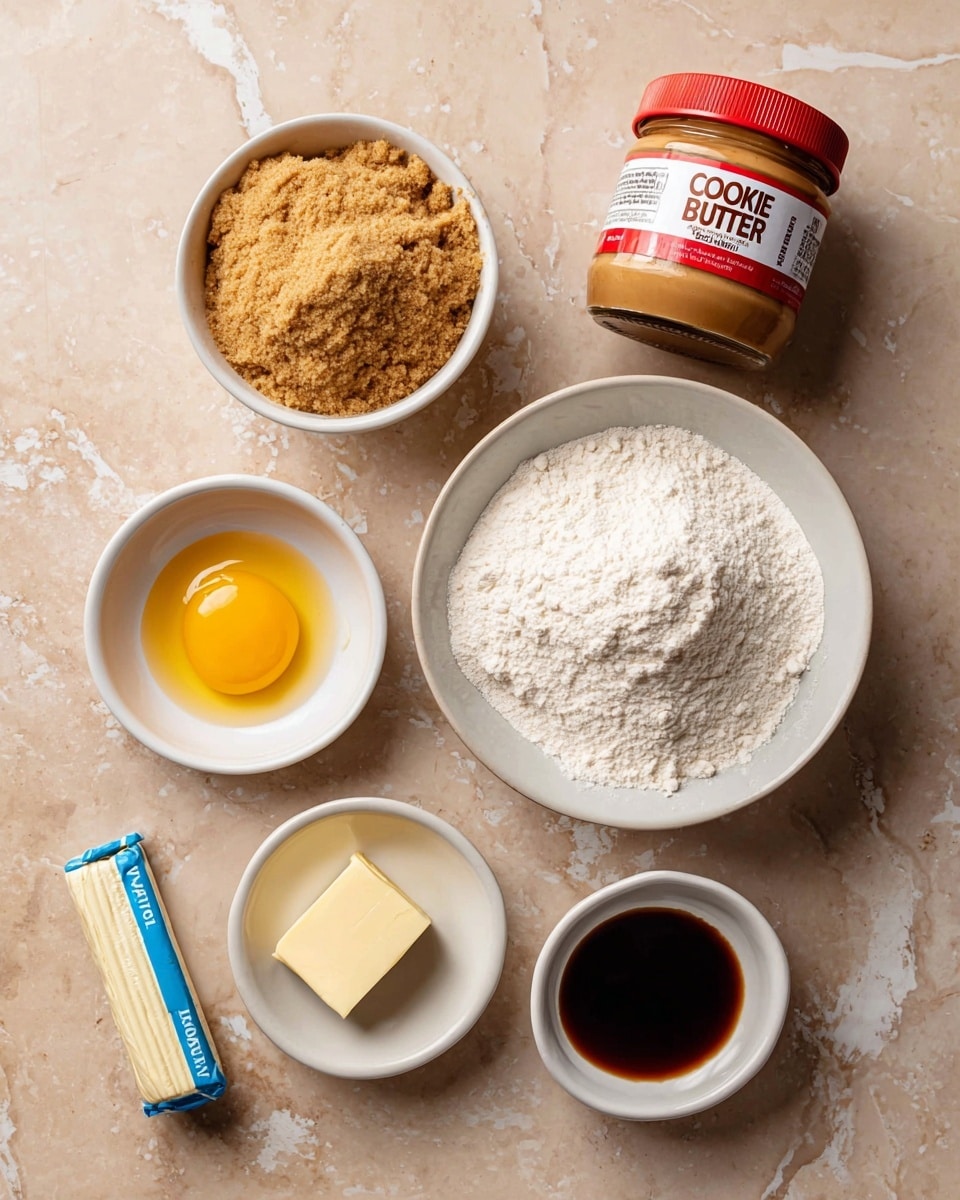A top-down view of baking ingredients arranged on a light brown surface with a white marbled texture, including a white bowl of light brown crumbly brown sugar at the top left, a jar of cookie butter with red lid and label on the top right, a white bowl filled with white flour in the center, a small white bowl with a raw yellow egg yolk and white on the left, a stick of pale yellow butter wrapped in blue and white paper on the right, and a small white bowl with dark brown vanilla extract at the bottom center, each ingredient labeled with bold black text; photo taken with an iphone --ar 4:5 --v 7