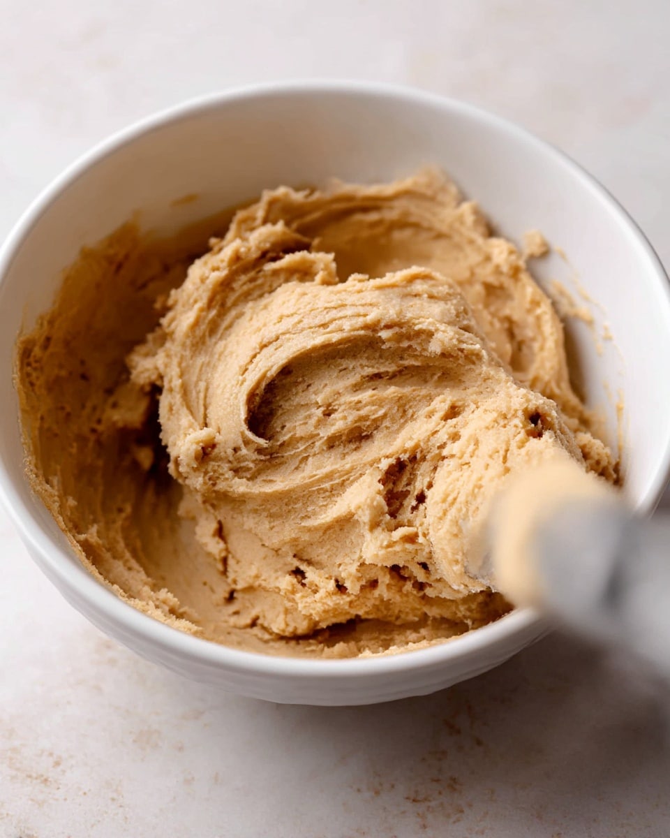 A close-up of a white bowl filled with smooth, light brown cookie dough that has a thick and creamy texture with soft swirls and ridges from mixing. The bowl sits on a white marbled surface, and a blurred object in the foreground suggests a scoop of dough being lifted. The overall look is warm and homely. photo taken with an iphone --ar 4:5 --v 7