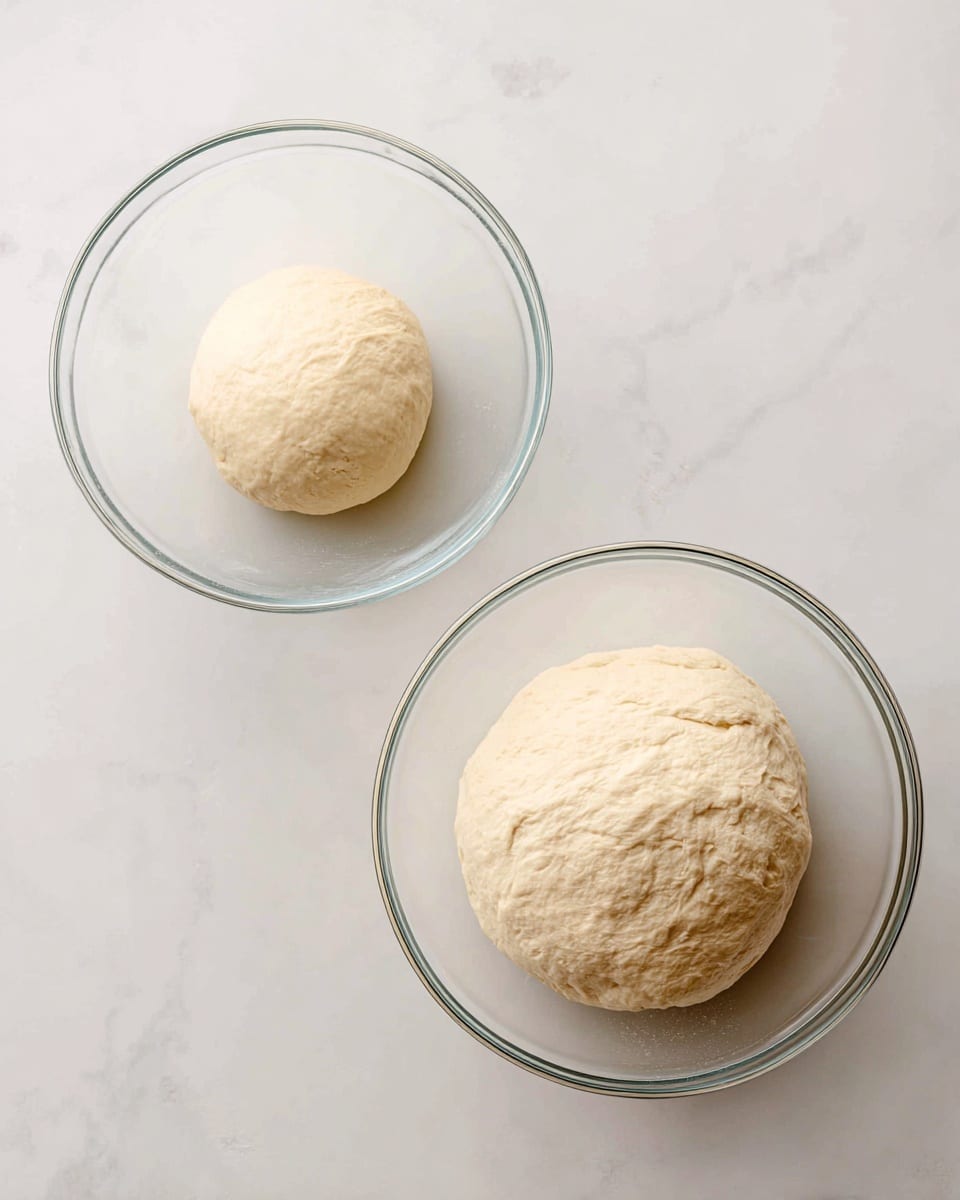 The image shows two clear glass bowls on a white marbled surface, each containing a ball of dough. The left bowl has a smaller, smooth, round ball of dough with a light creamy color and a soft texture. The right bowl has a larger, puffed-up dough ball with a slightly rougher texture but the same light creamy color. Both dough balls rest at the bottom of the bowls, showing the difference in size and rising. photo taken with an iphone --ar 4:5 --v 7