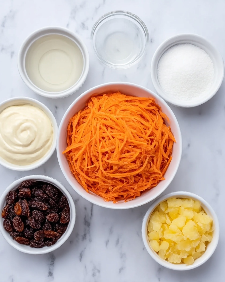 The image shows six small white bowls arranged on a white marbled surface. In the center, there is a bowl filled with a large amount of shredded orange carrots, giving a bright and textured look with thin strands piled high. Surrounding the center bowl are five smaller white bowls each containing different ingredients: at the top there is a small amount of clear liquid, to the right a bowl filled with white granulated sugar, and next to it a bowl with crushed yellow pineapple bits. On the left side, there is a bowl filled with creamy thick white mayonnaise-like sauce, and above it a bowl full of dark brown raisins. The colors are clear and natural, showing the fresh different ingredients well. Photo taken with an iphone --ar 4:5 --v 7