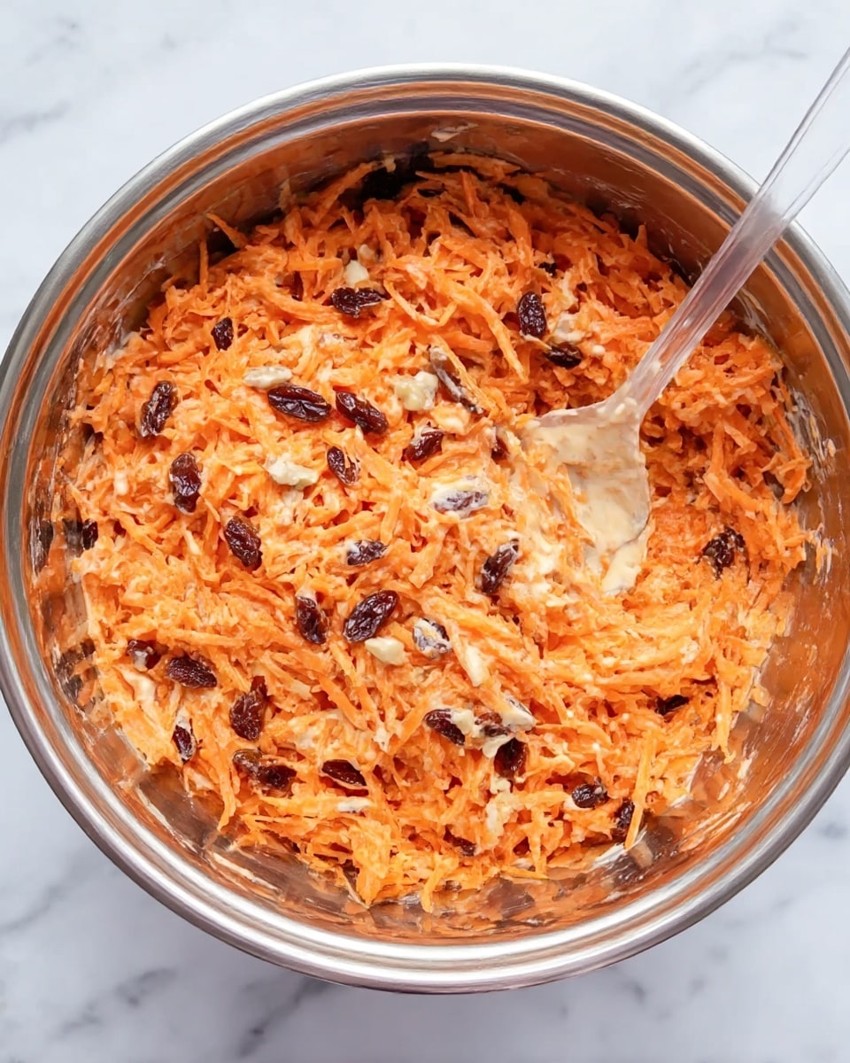 A shiny silver bowl is filled with a mixed carrot salad showing three main layers: bright orange shredded carrots as the base, scattered dark brown raisins throughout, and small pieces of a light beige creamy dressing on top and mixed evenly. There is a clear spoon resting inside the bowl on the right side with some of the salad on it. The bowl is placed on a white marbled surface. photo taken with an iphone --ar 4:5 --v 7
