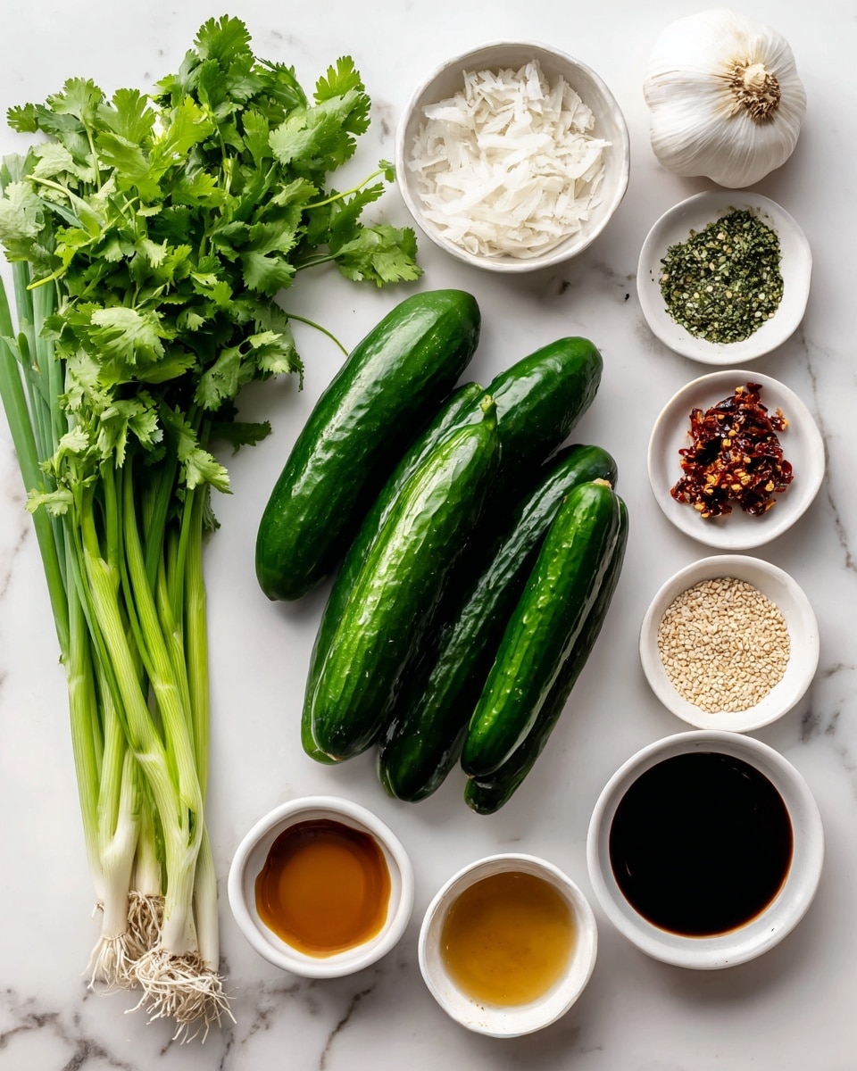 The image shows fresh ingredients neatly arranged on a white marbled surface. There is a bunch of Persian cucumbers with a shiny, dark green, smooth skin positioned near the center. To the left, there is a fresh, bright green bunch of green onions with white bulbs at the bottom. A whole white garlic bulb is placed near the top right. Small white bowls hold various ingredients: white sesame seeds with a rough texture, chili crisp with a dark red oily texture and small chili bits, sesame oil which is golden brown and clear, rice vinegar which is clear and pale, soy sauce that is dark brown and shiny, honey with a thick golden color, and salt that looks white and granular. At the bottom left, a fresh bunch of dark green leafy cilantro is displayed. All are placed on a clean white marbled surface, organized in a tidy layout. photo taken with an iphone --ar 4:5 --v 7