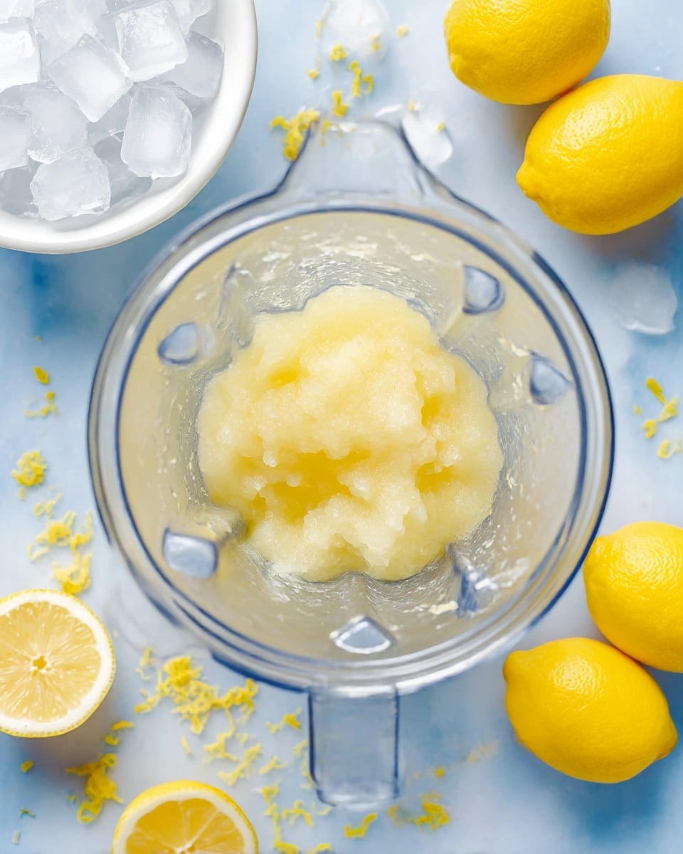 The image shows a clear blender with three layers of light yellow slushy texture inside, sitting on a white marbled surface. In the top left corner, there's a white bowl filled with ice cubes. On the right side, three whole bright yellow lemons rest on the surface, with two lemon halves placed in the bottom left corner. Some lemon zest is scattered around the blender, adding a touch of texture and color to the scene. Photo taken with an iphone --ar 4:5 --v 7